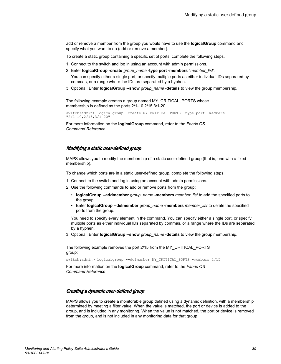 Modifying a static user-defined group, Creating a dynamic user-defined group | Brocade Monitoring and Alerting Policy Suite Administrators Guide (Supporting Fabric OS v7.3.0) User Manual | Page 39 / 114