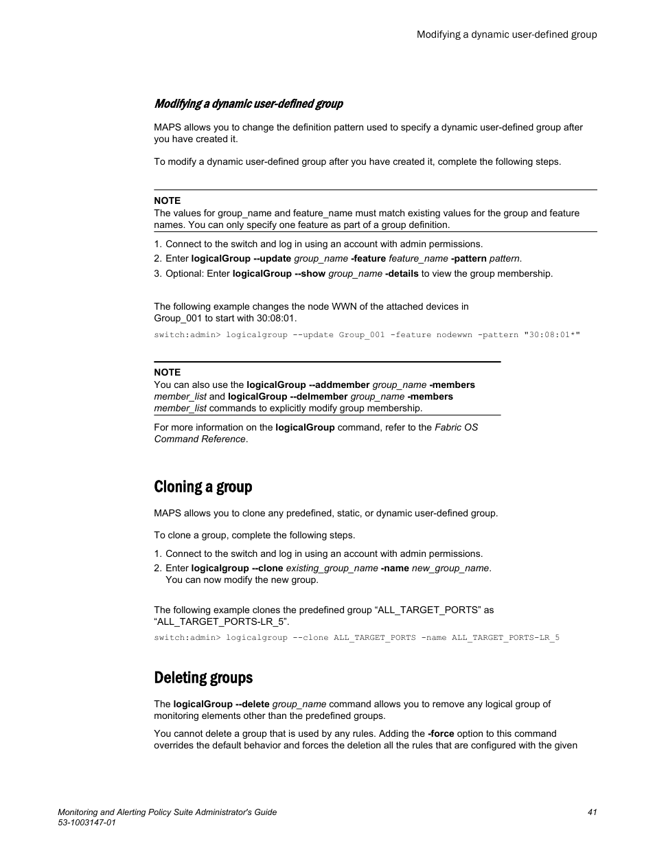 Modifying a dynamic user-defined group, Cloning a group, Deleting groups | Cloning a group deleting groups | Brocade Monitoring and Alerting Policy Suite Administrators Guide (Supporting Fabric OS v7.3.0) User Manual | Page 41 / 114