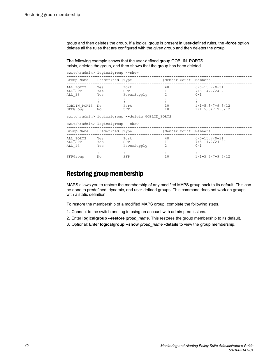 Restoring group membership | Brocade Monitoring and Alerting Policy Suite Administrators Guide (Supporting Fabric OS v7.3.0) User Manual | Page 42 / 114