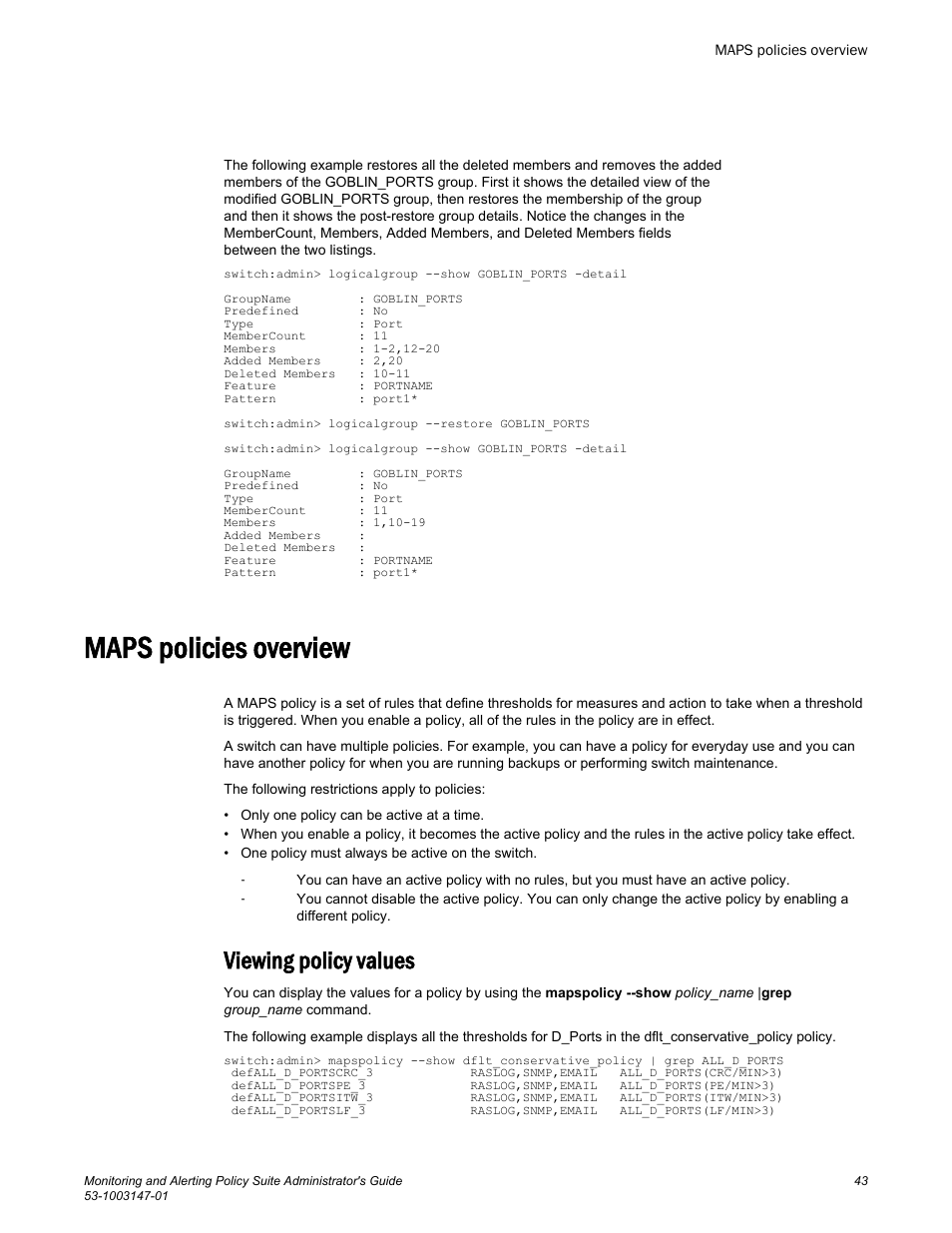 Maps policies overview, Refer to, Viewing policy values | Brocade Monitoring and Alerting Policy Suite Administrators Guide (Supporting Fabric OS v7.3.0) User Manual | Page 43 / 114