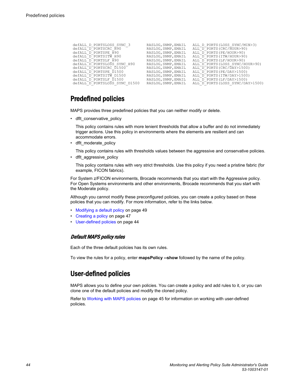 Predefined policies, Default maps policy rules, User-defined policies | Predefined policies user-defined policies, Activation. refer to, Refer to | Brocade Monitoring and Alerting Policy Suite Administrators Guide (Supporting Fabric OS v7.3.0) User Manual | Page 44 / 114