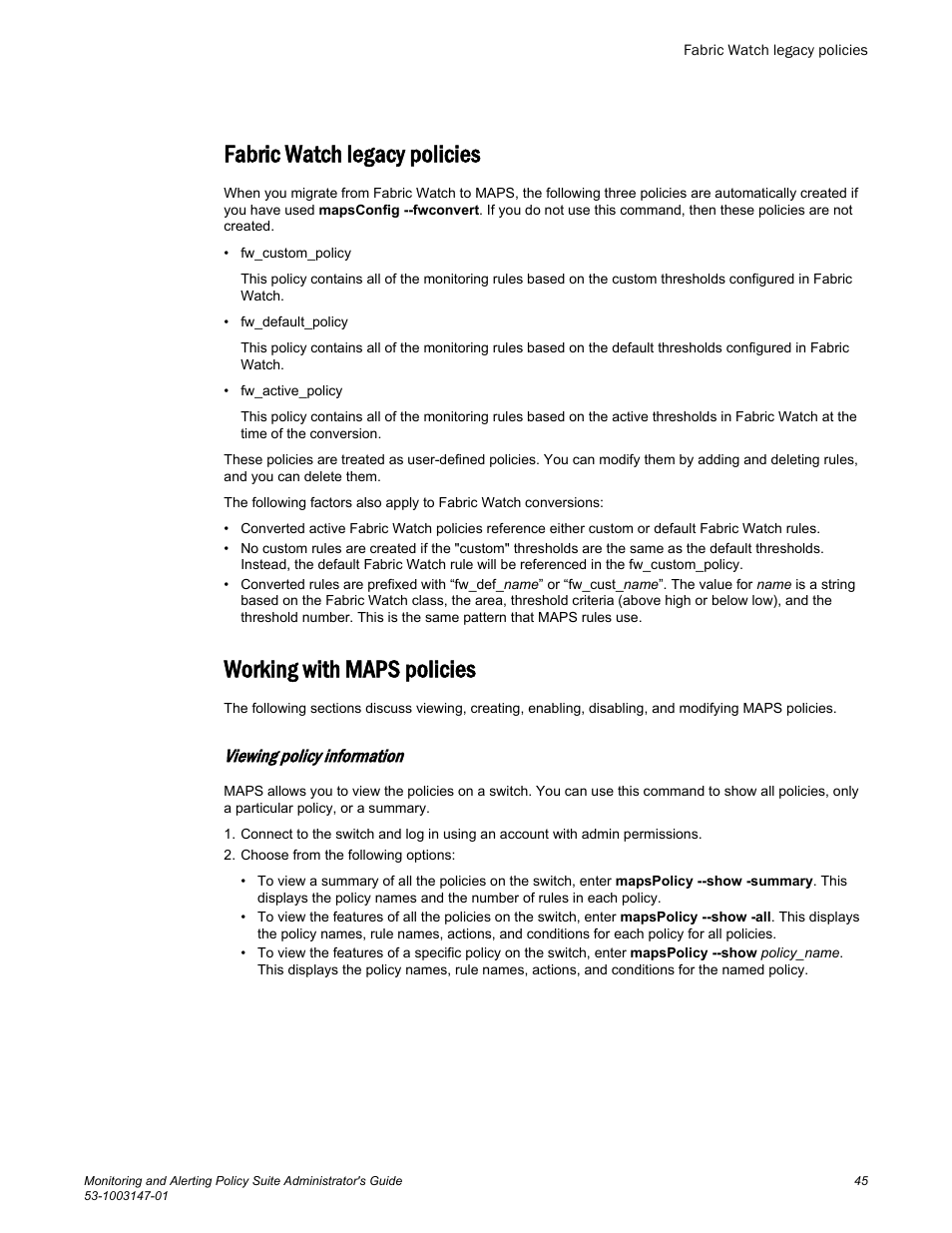 Fabric watch legacy policies, Working with maps policies, Viewing policy information | Refer to | Brocade Monitoring and Alerting Policy Suite Administrators Guide (Supporting Fabric OS v7.3.0) User Manual | Page 45 / 114