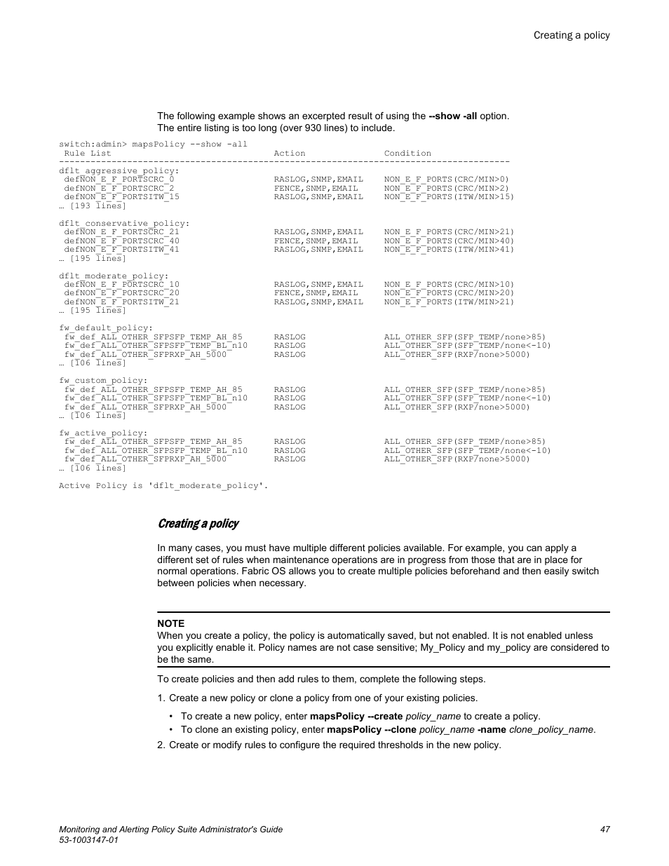 Creating a policy | Brocade Monitoring and Alerting Policy Suite Administrators Guide (Supporting Fabric OS v7.3.0) User Manual | Page 47 / 114