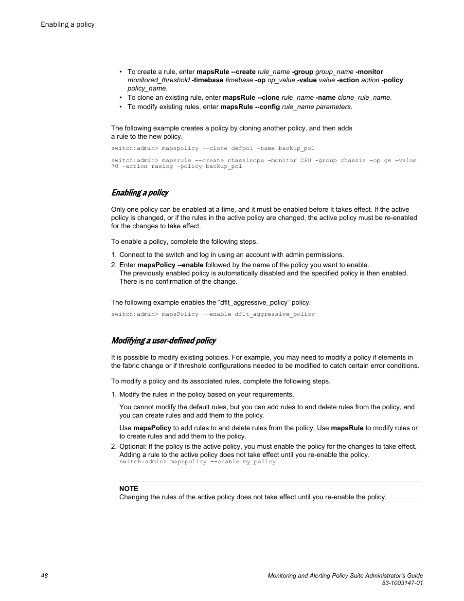 Enabling a policy, Modifying a user-defined policy | Brocade Monitoring and Alerting Policy Suite Administrators Guide (Supporting Fabric OS v7.3.0) User Manual | Page 48 / 114