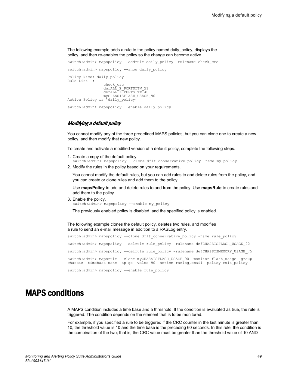 Modifying a default policy, Maps conditions | Brocade Monitoring and Alerting Policy Suite Administrators Guide (Supporting Fabric OS v7.3.0) User Manual | Page 49 / 114