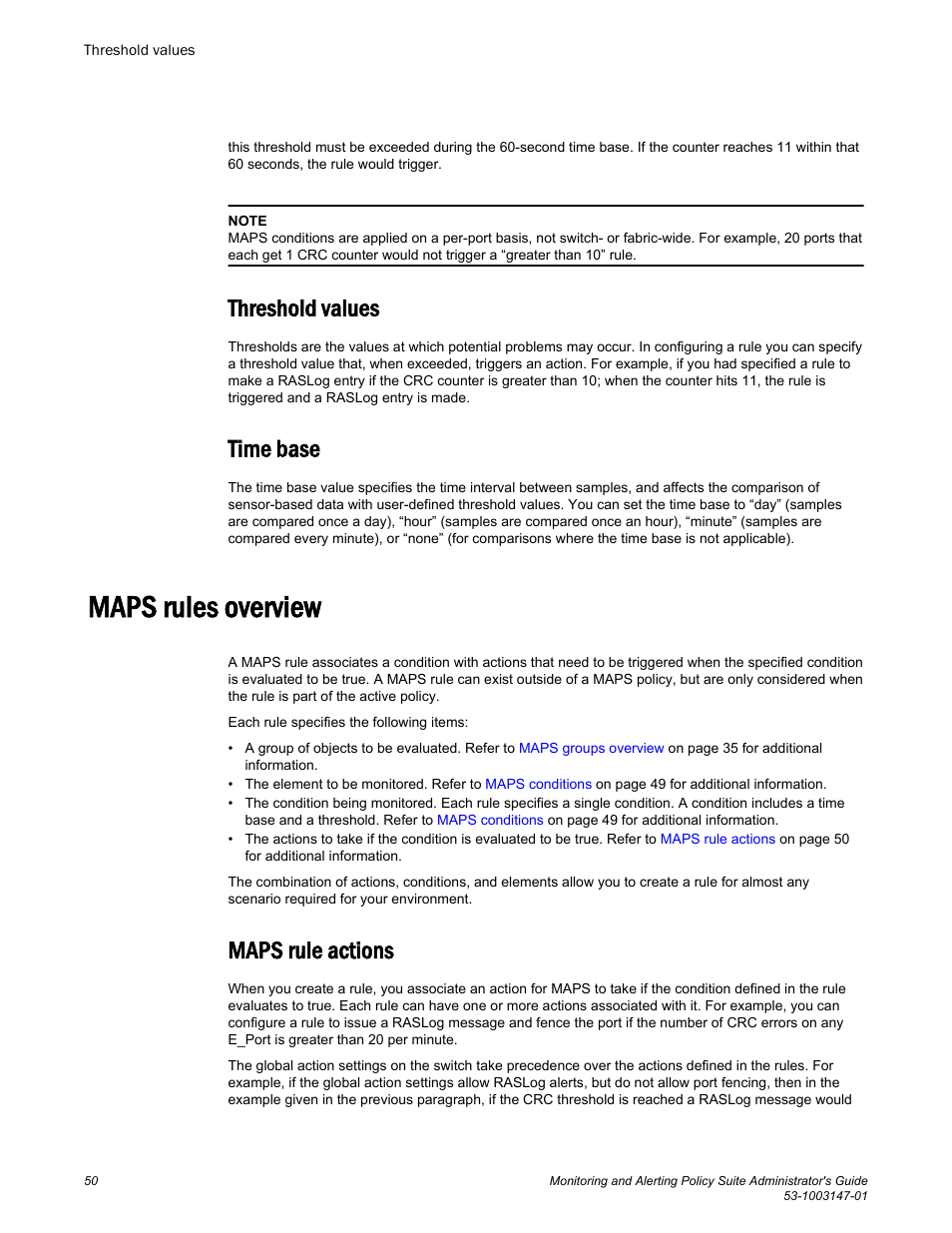 Threshold values, Time base, Maps rules overview | Maps rule actions, Threshold values time base, Refer to | Brocade Monitoring and Alerting Policy Suite Administrators Guide (Supporting Fabric OS v7.3.0) User Manual | Page 50 / 114