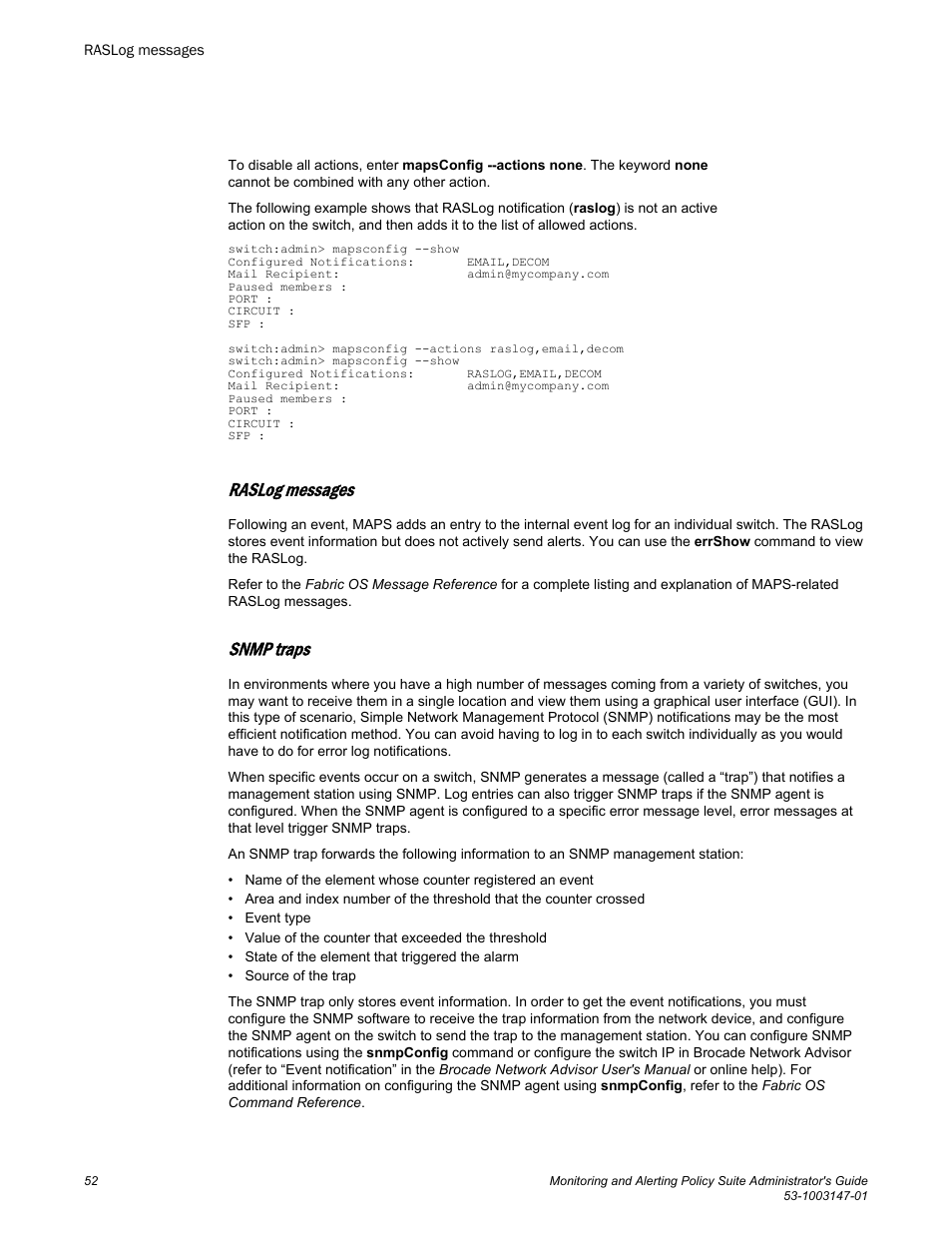 Raslog messages, Snmp traps | Brocade Monitoring and Alerting Policy Suite Administrators Guide (Supporting Fabric OS v7.3.0) User Manual | Page 52 / 114