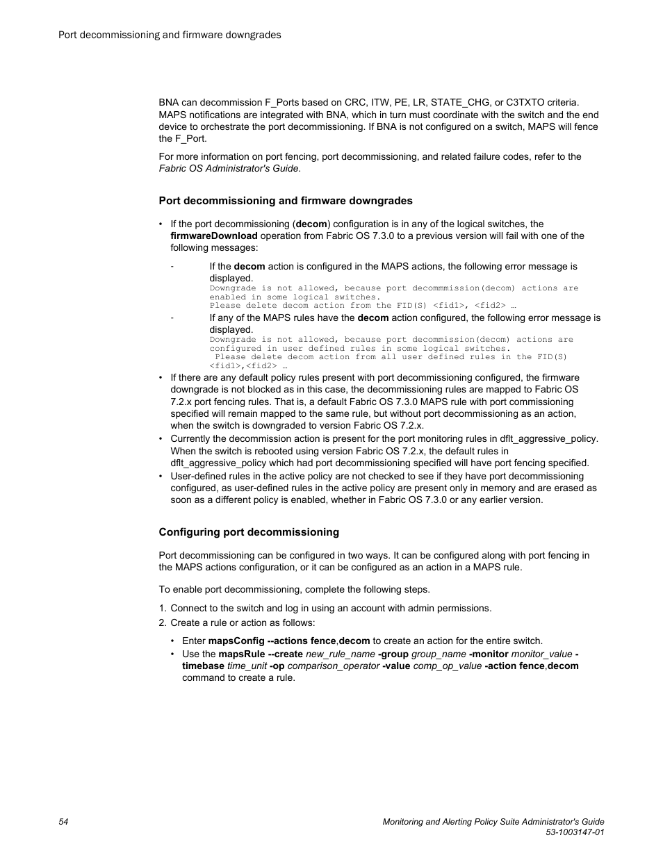 Port decommissioning and firmware downgrades, Configuring port decommissioning, Decommissioning. refer to | Brocade Monitoring and Alerting Policy Suite Administrators Guide (Supporting Fabric OS v7.3.0) User Manual | Page 54 / 114