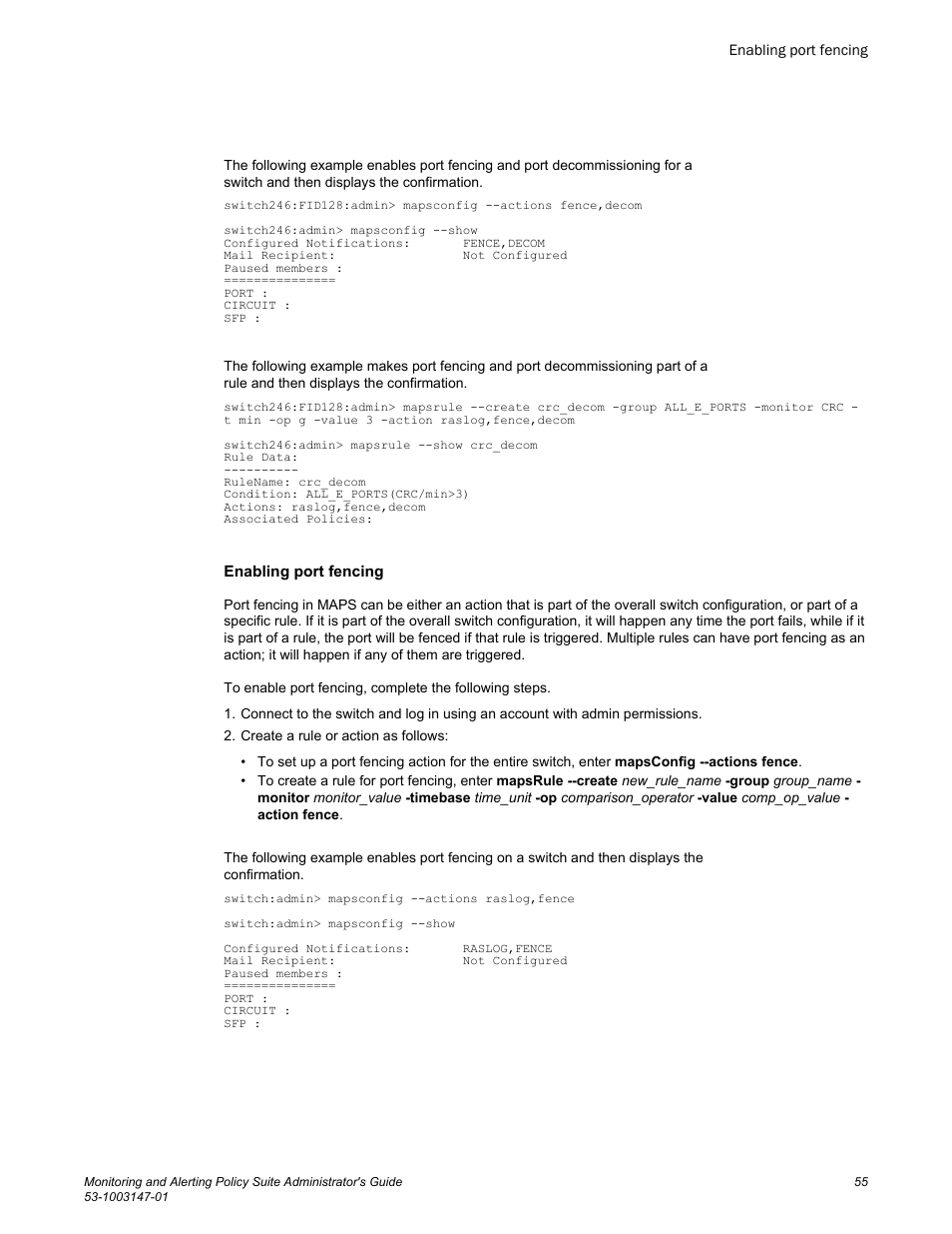 Enabling port fencing | Brocade Monitoring and Alerting Policy Suite Administrators Guide (Supporting Fabric OS v7.3.0) User Manual | Page 55 / 114