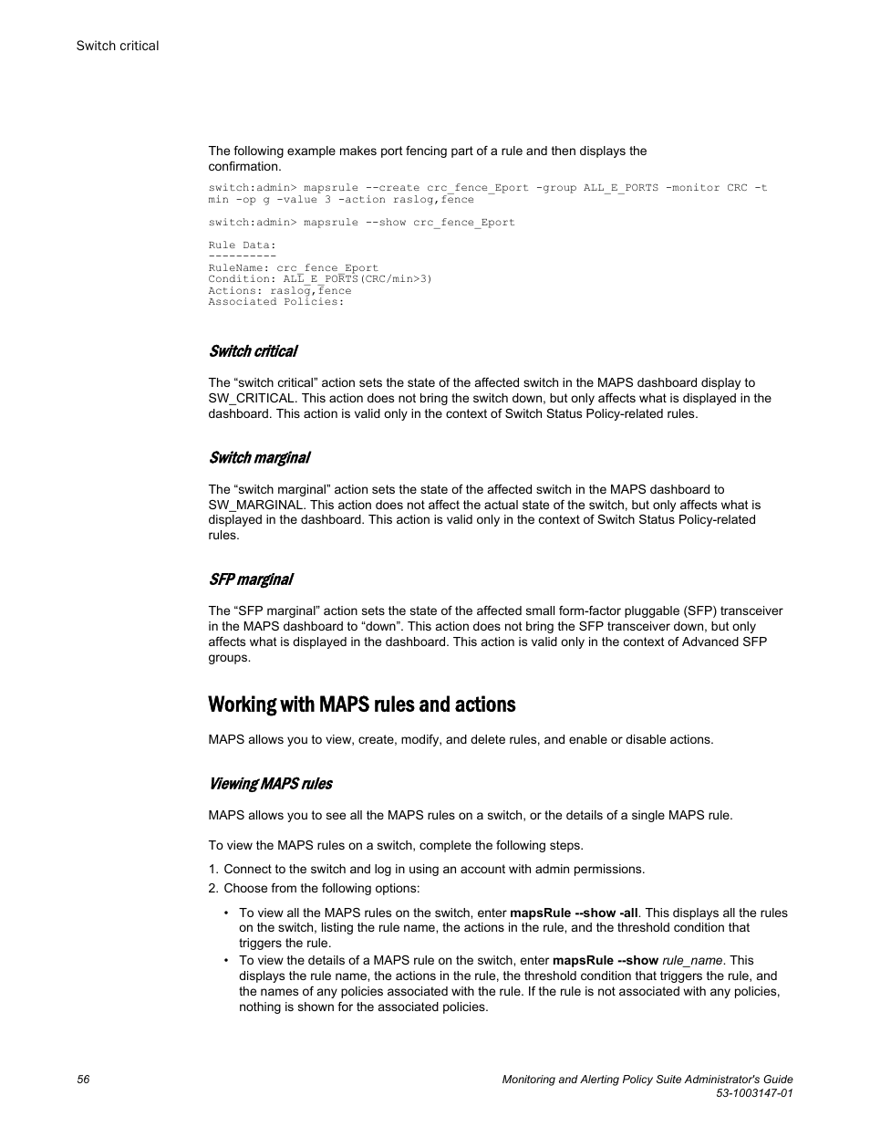 Switch critical, Switch marginal, Sfp marginal | Working with maps rules and actions, Viewing maps rules | Brocade Monitoring and Alerting Policy Suite Administrators Guide (Supporting Fabric OS v7.3.0) User Manual | Page 56 / 114