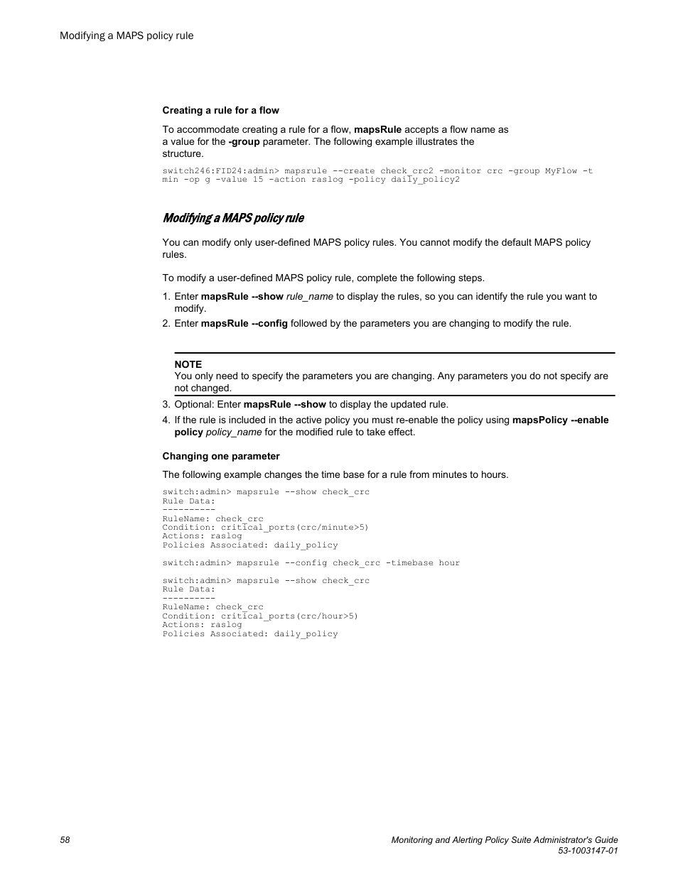 Modifying a maps policy rule | Brocade Monitoring and Alerting Policy Suite Administrators Guide (Supporting Fabric OS v7.3.0) User Manual | Page 58 / 114