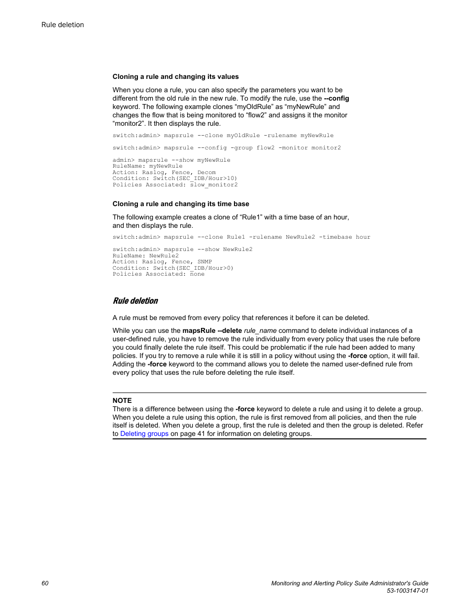 Rule deletion | Brocade Monitoring and Alerting Policy Suite Administrators Guide (Supporting Fabric OS v7.3.0) User Manual | Page 60 / 114