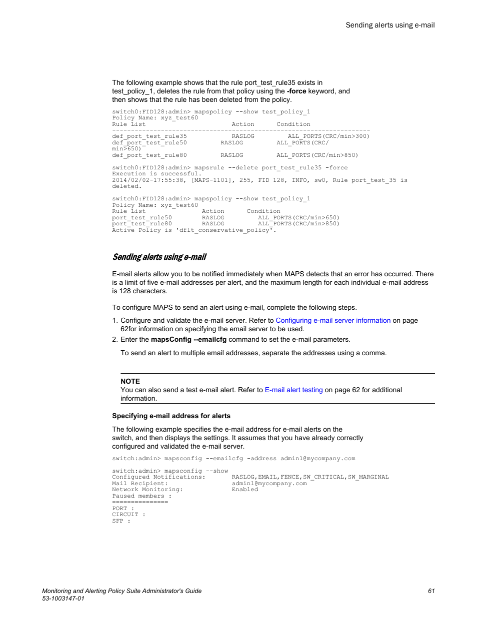 Sending alerts using e-mail | Brocade Monitoring and Alerting Policy Suite Administrators Guide (Supporting Fabric OS v7.3.0) User Manual | Page 61 / 114