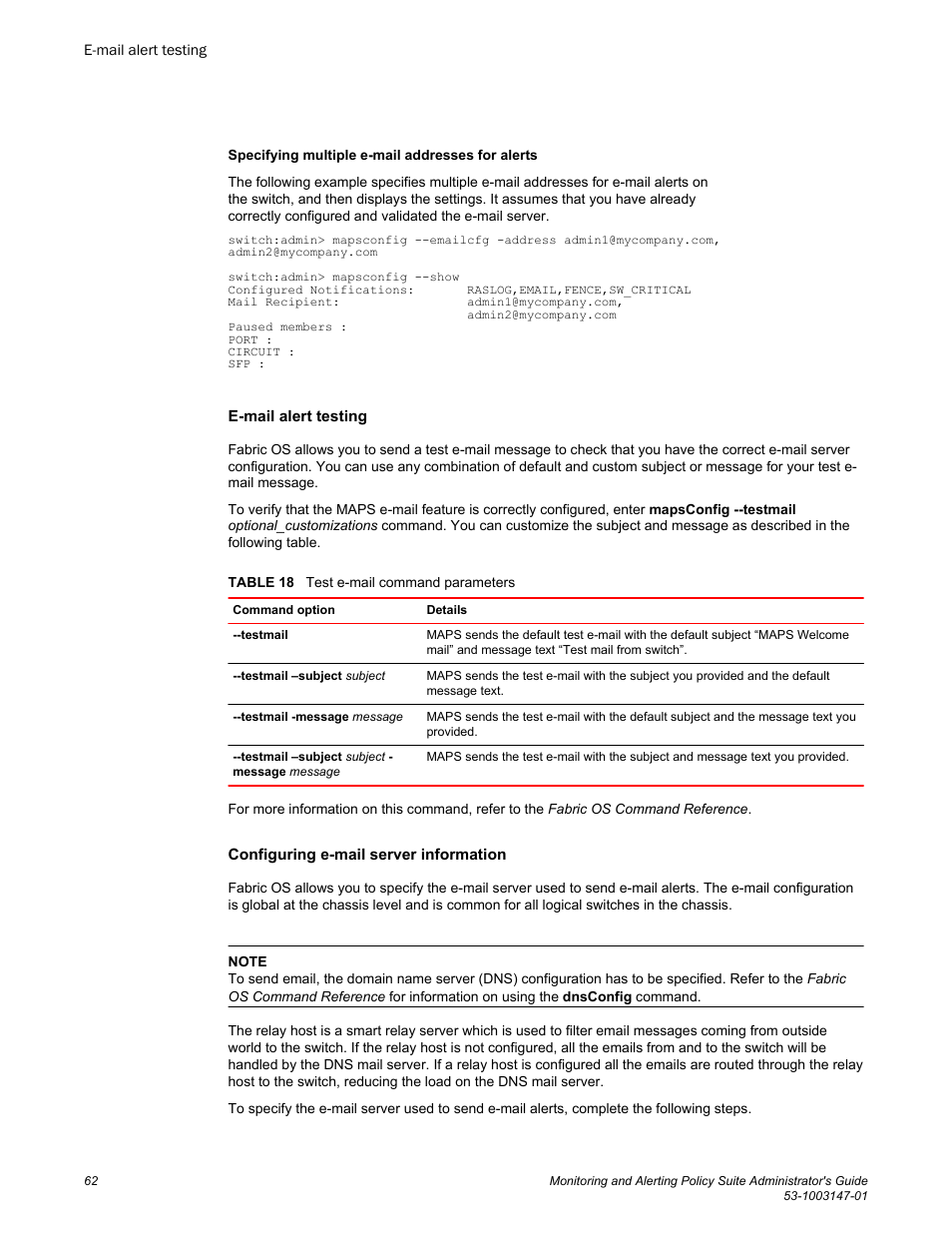 E-mail alert testing, Configuring e-mail server information | Brocade Monitoring and Alerting Policy Suite Administrators Guide (Supporting Fabric OS v7.3.0) User Manual | Page 62 / 114