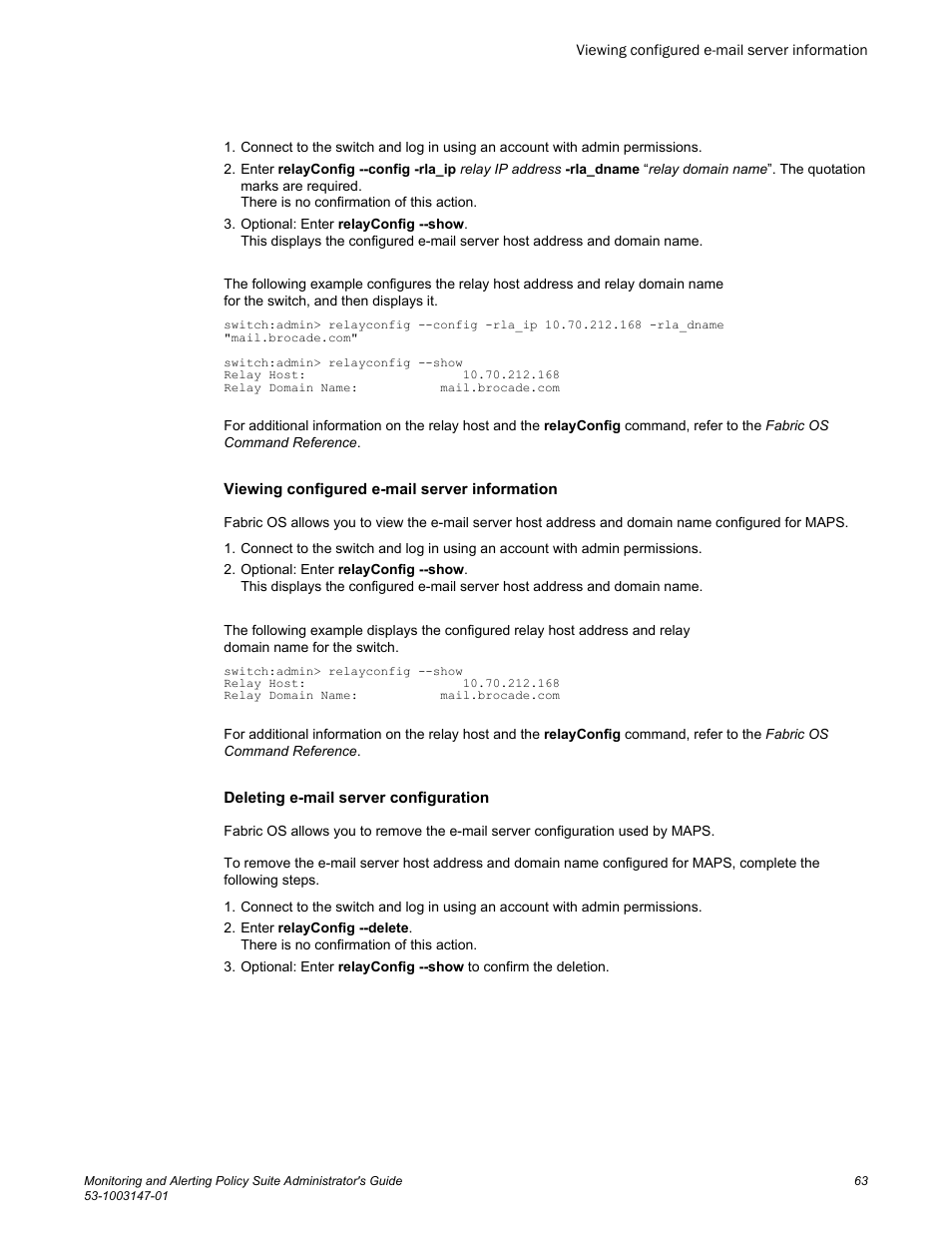 Viewing configured e-mail server information, Deleting e-mail server configuration | Brocade Monitoring and Alerting Policy Suite Administrators Guide (Supporting Fabric OS v7.3.0) User Manual | Page 63 / 114