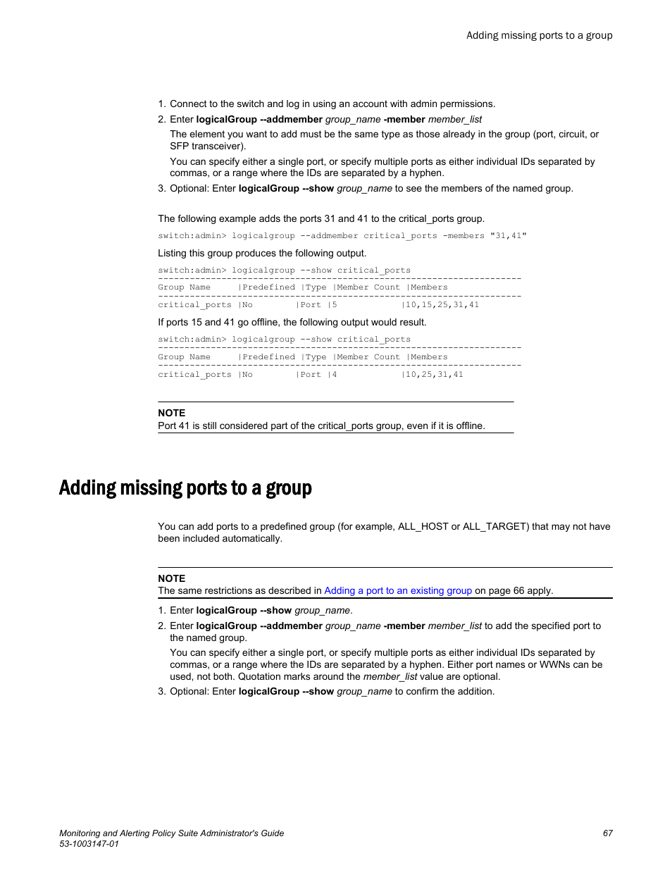 Adding missing ports to a group | Brocade Monitoring and Alerting Policy Suite Administrators Guide (Supporting Fabric OS v7.3.0) User Manual | Page 67 / 114