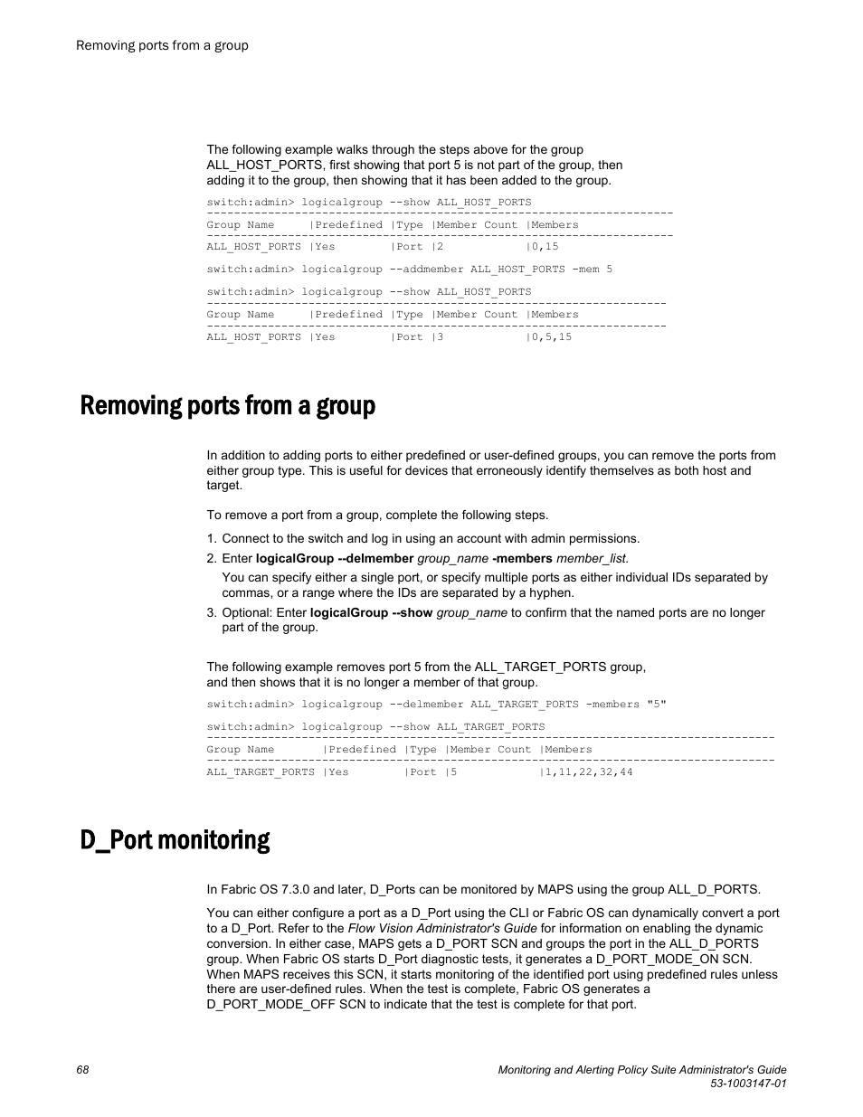 Removing ports from a group, D_port monitoring, Removing ports from a group d_port monitoring | Brocade Monitoring and Alerting Policy Suite Administrators Guide (Supporting Fabric OS v7.3.0) User Manual | Page 68 / 114