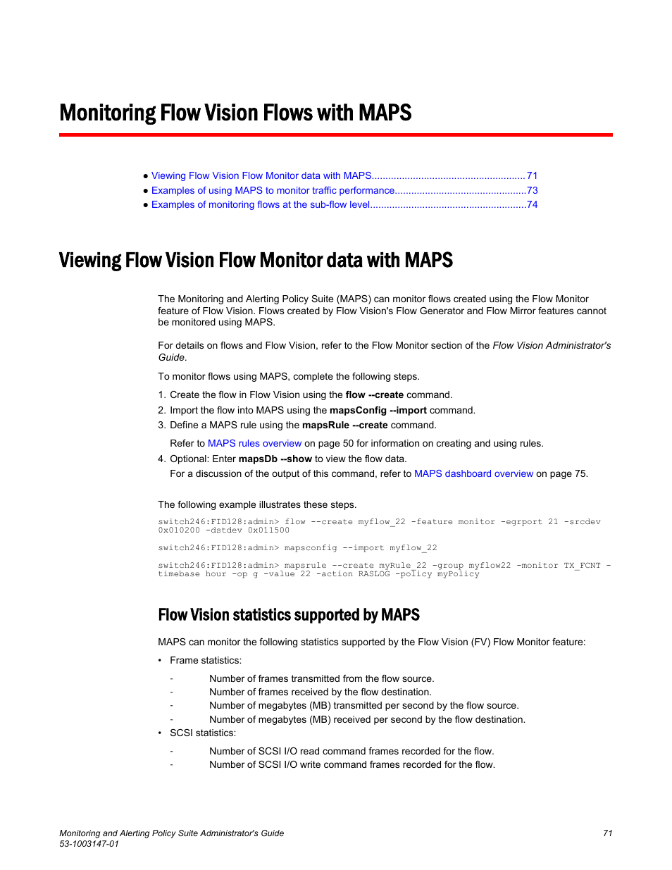 Monitoring flow vision flows with maps, Viewing flow vision flow monitor data with maps, Flow vision statistics supported by maps | Brocade Monitoring and Alerting Policy Suite Administrators Guide (Supporting Fabric OS v7.3.0) User Manual | Page 71 / 114