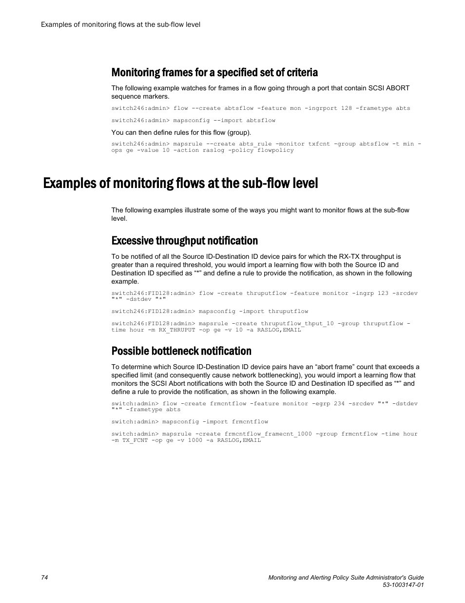 Examples of monitoring flows at the sub-flow level, Monitoring frames for a specified set of criteria, Excessive throughput notification | Possible bottleneck notification | Brocade Monitoring and Alerting Policy Suite Administrators Guide (Supporting Fabric OS v7.3.0) User Manual | Page 74 / 114