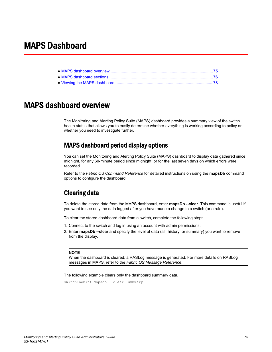 Maps dashboard, Maps dashboard overview, Maps dashboard period display options | Clearing data | Brocade Monitoring and Alerting Policy Suite Administrators Guide (Supporting Fabric OS v7.3.0) User Manual | Page 75 / 114