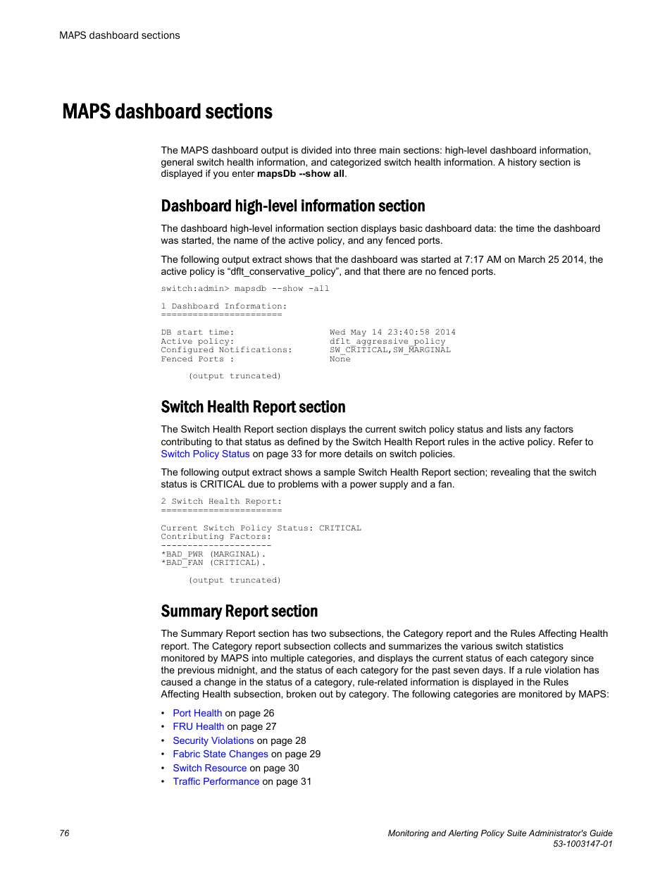 Maps dashboard sections | Brocade Monitoring and Alerting Policy Suite Administrators Guide (Supporting Fabric OS v7.3.0) User Manual | Page 76 / 114