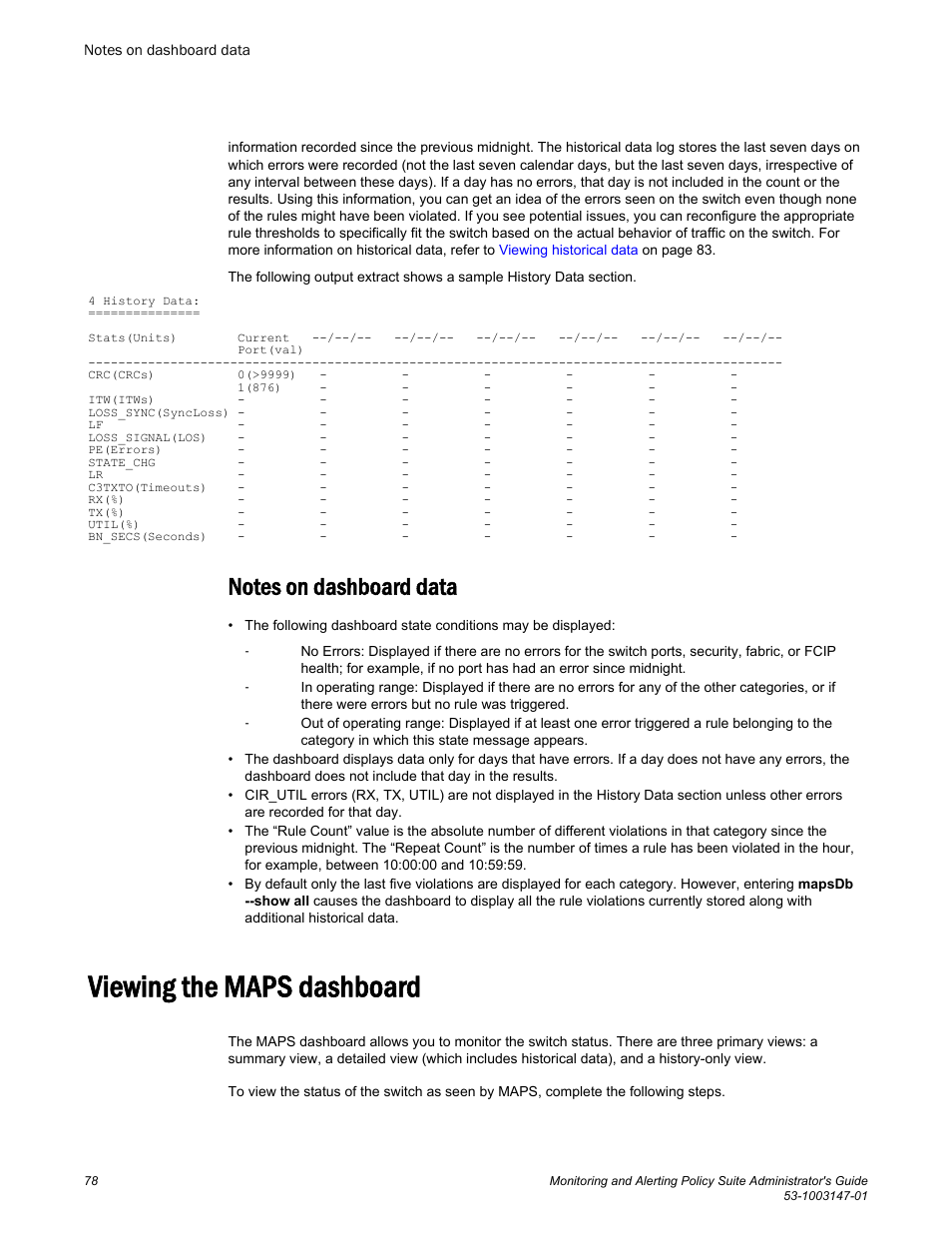 Notes on dashboard data, Viewing the maps dashboard, Refer to | Brocade Monitoring and Alerting Policy Suite Administrators Guide (Supporting Fabric OS v7.3.0) User Manual | Page 78 / 114