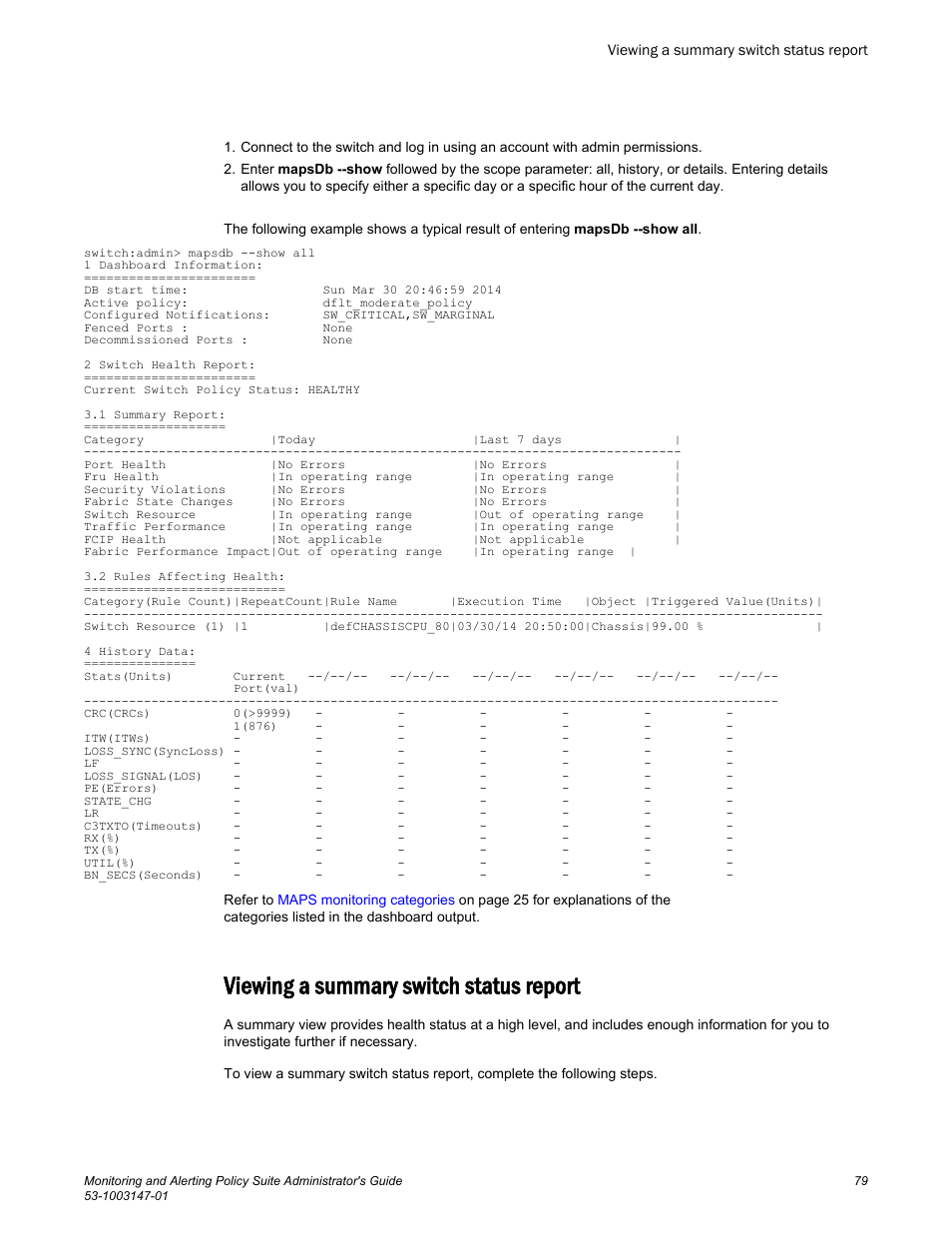 Viewing a summary switch status report | Brocade Monitoring and Alerting Policy Suite Administrators Guide (Supporting Fabric OS v7.3.0) User Manual | Page 79 / 114