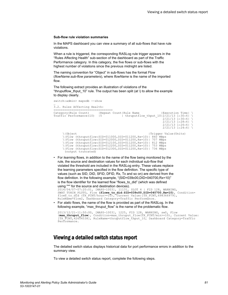 Viewing a detailed switch status report | Brocade Monitoring and Alerting Policy Suite Administrators Guide (Supporting Fabric OS v7.3.0) User Manual | Page 81 / 114