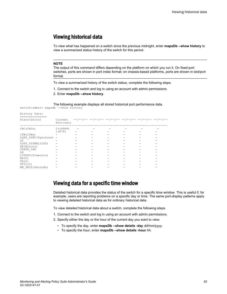 Viewing historical data, Viewing data for a specific time window | Brocade Monitoring and Alerting Policy Suite Administrators Guide (Supporting Fabric OS v7.3.0) User Manual | Page 83 / 114