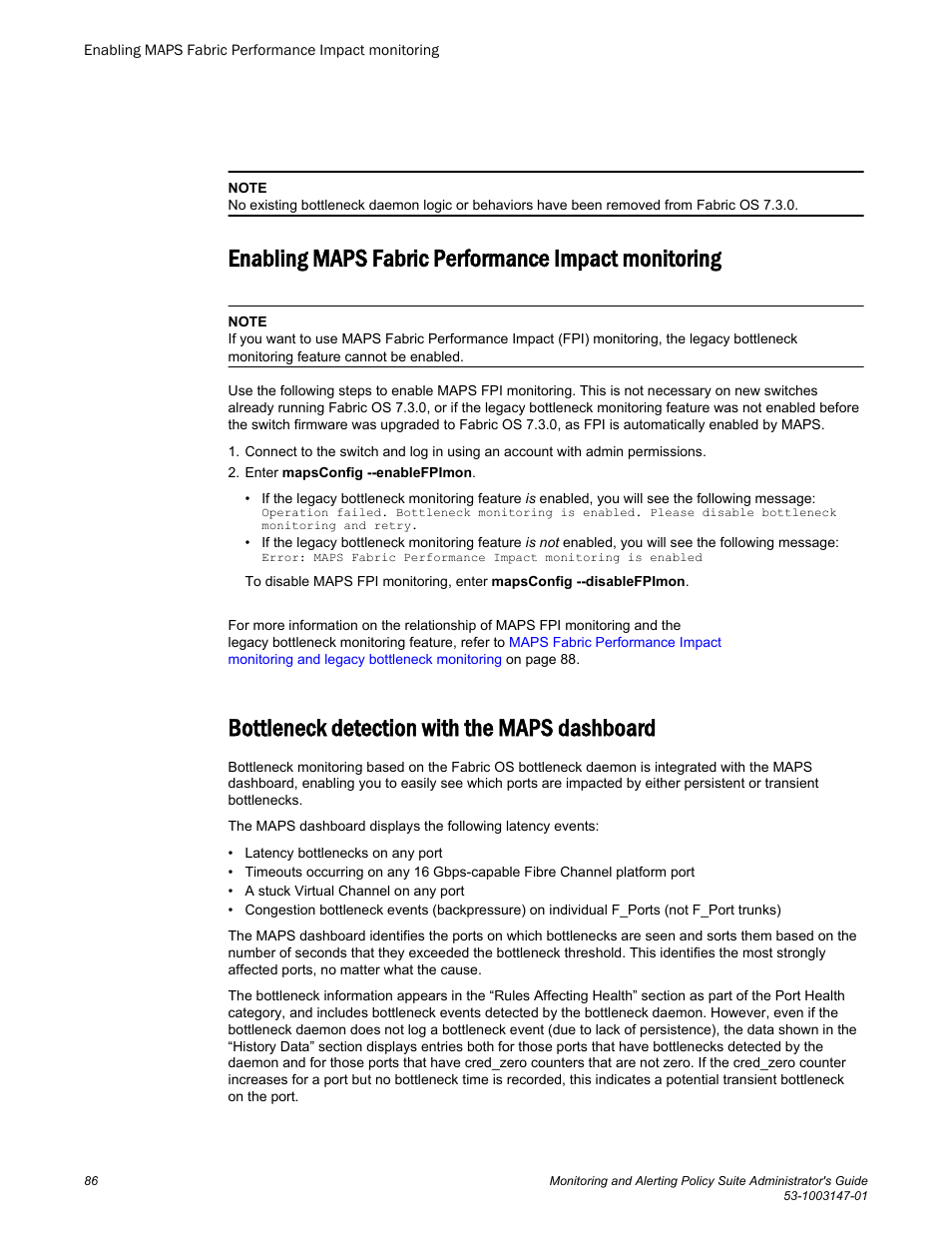 Enabling maps fabric performance impact monitoring, Bottleneck detection with the maps dashboard, Refer to | Brocade Monitoring and Alerting Policy Suite Administrators Guide (Supporting Fabric OS v7.3.0) User Manual | Page 86 / 114