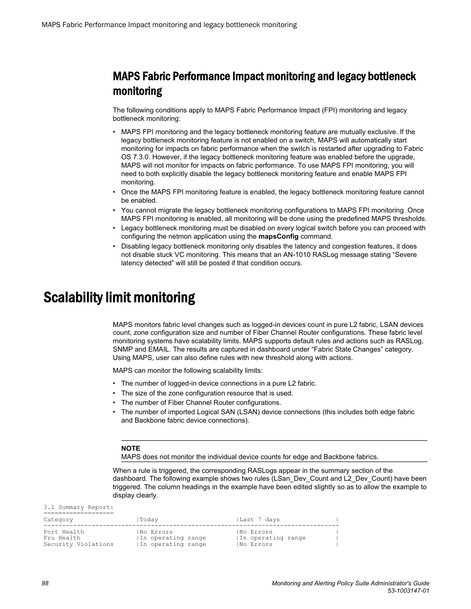 Scalability limit monitoring, Bottleneck monitoring | Brocade Monitoring and Alerting Policy Suite Administrators Guide (Supporting Fabric OS v7.3.0) User Manual | Page 88 / 114