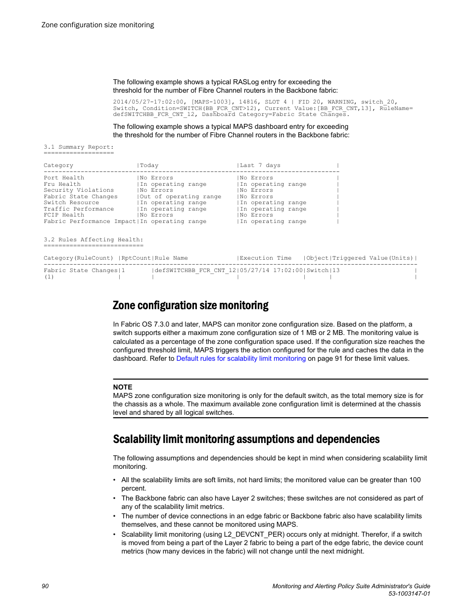 Zone configuration size monitoring | Brocade Monitoring and Alerting Policy Suite Administrators Guide (Supporting Fabric OS v7.3.0) User Manual | Page 90 / 114