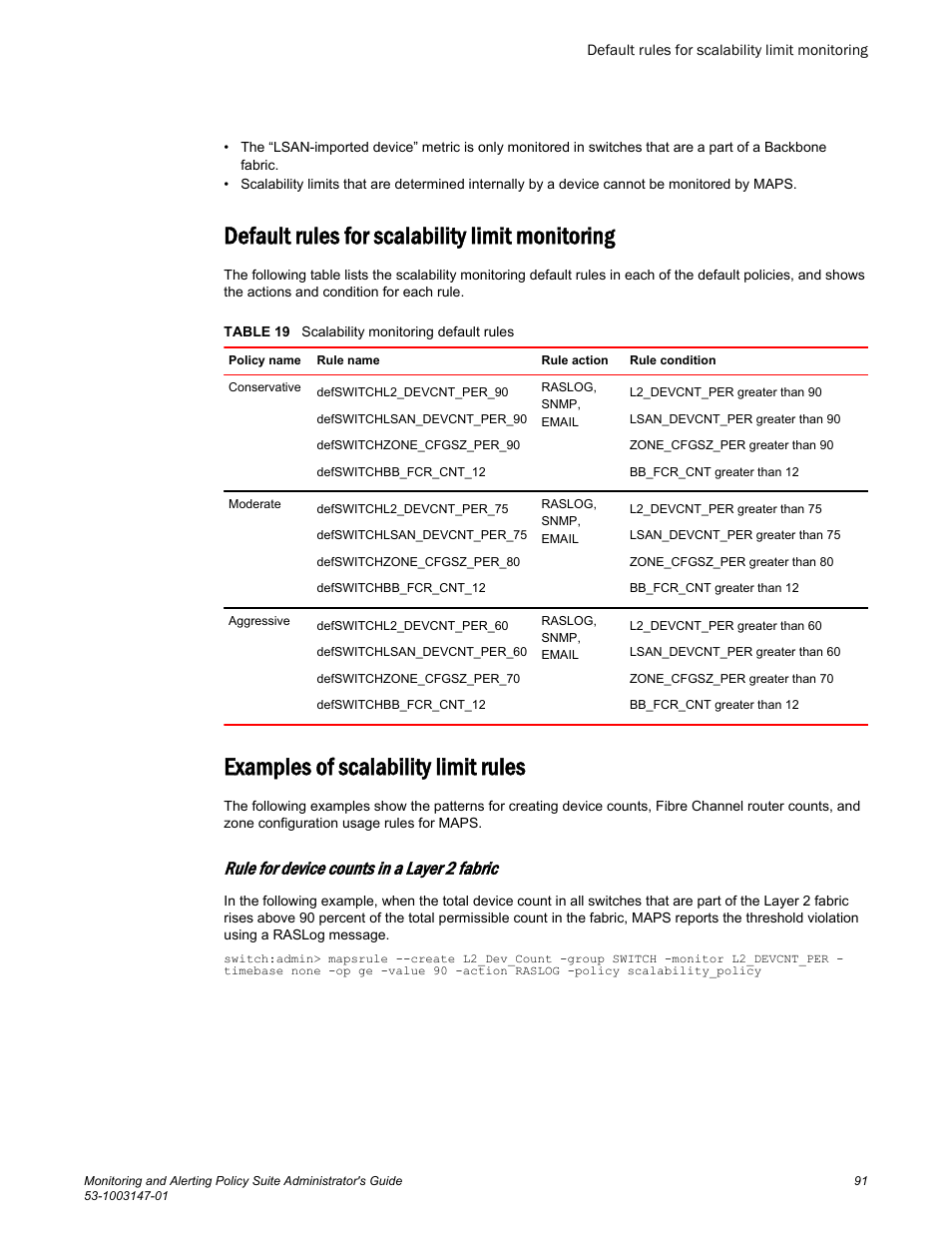 Default rules for scalability limit monitoring, Examples of scalability limit rules, Rule for device counts in a layer 2 fabric | Brocade Monitoring and Alerting Policy Suite Administrators Guide (Supporting Fabric OS v7.3.0) User Manual | Page 91 / 114