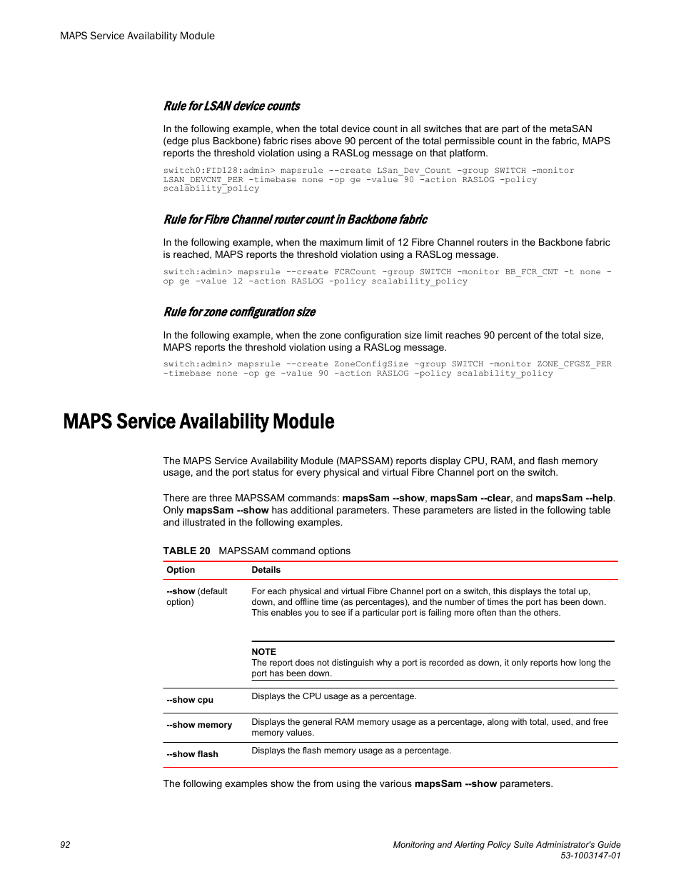 Maps service availability module, Rule for lsan device counts, Rule for zone configuration size | Brocade Monitoring and Alerting Policy Suite Administrators Guide (Supporting Fabric OS v7.3.0) User Manual | Page 92 / 114