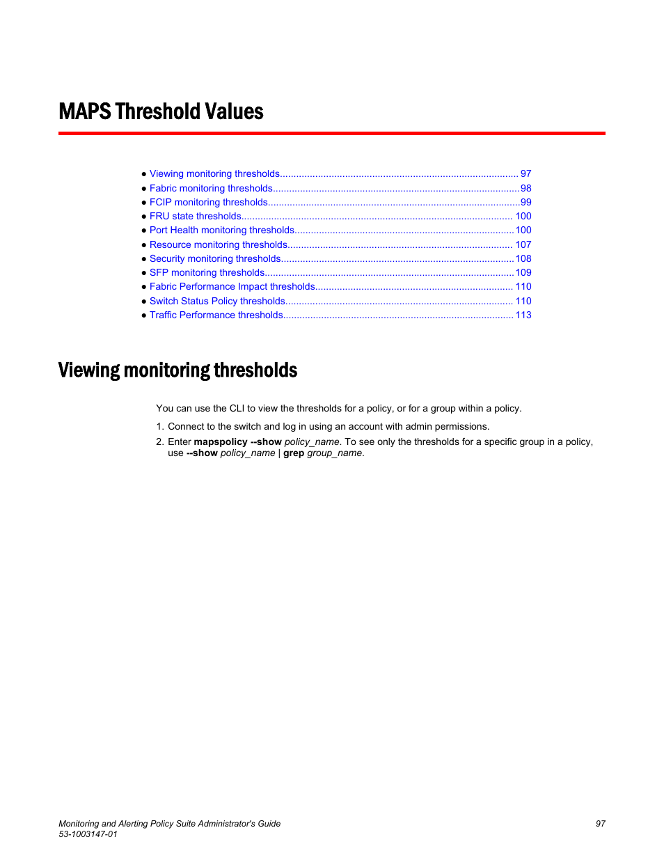 Maps threshold values, Viewing monitoring thresholds | Brocade Monitoring and Alerting Policy Suite Administrators Guide (Supporting Fabric OS v7.3.0) User Manual | Page 97 / 114