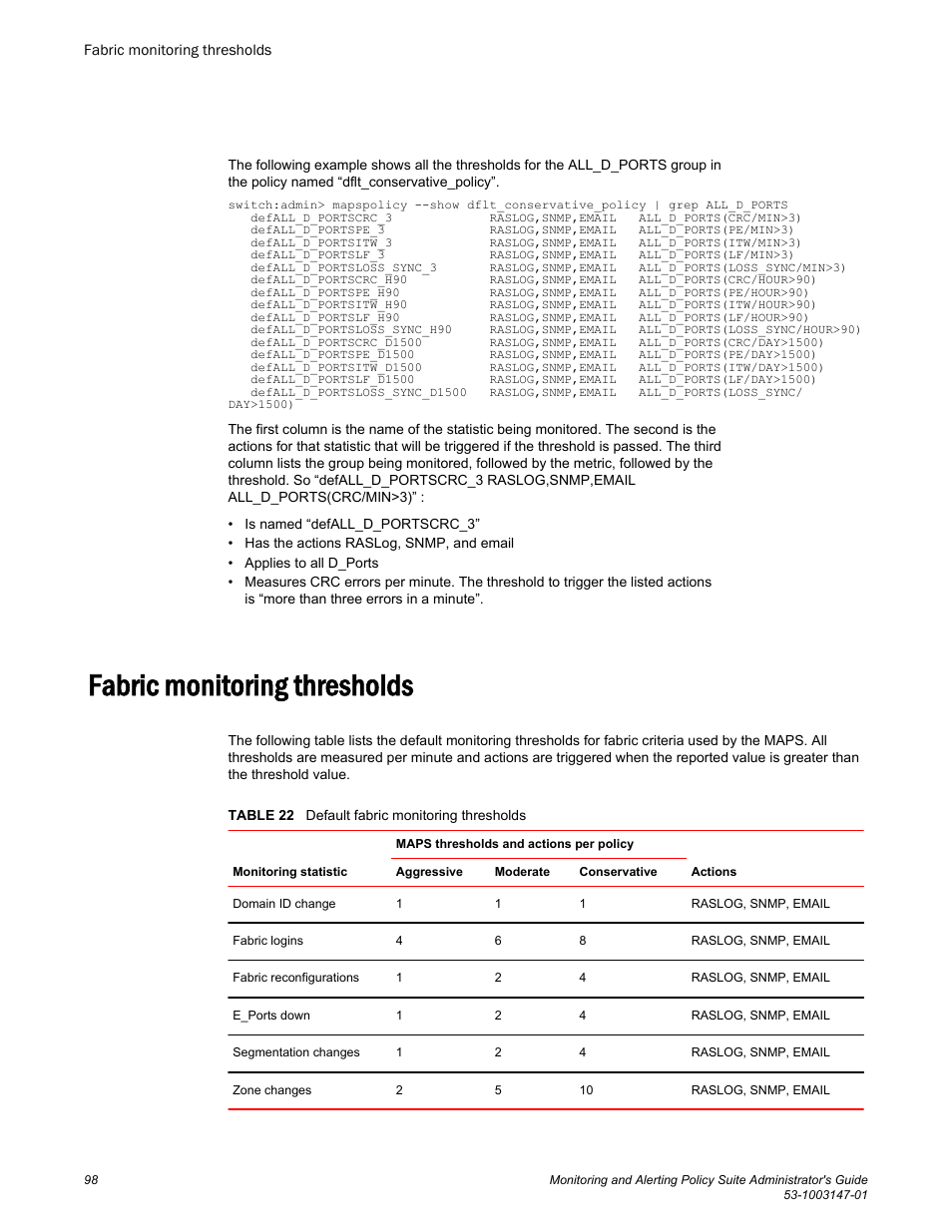 Fabric monitoring thresholds | Brocade Monitoring and Alerting Policy Suite Administrators Guide (Supporting Fabric OS v7.3.0) User Manual | Page 98 / 114