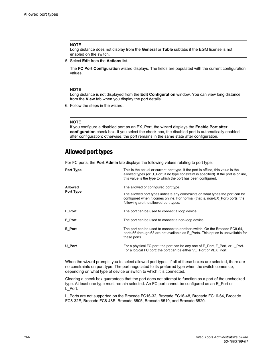 Allowed port types | Brocade Web Tools Administrators Guide (Supporting Fabric OS v7.3.0) User Manual | Page 100 / 274