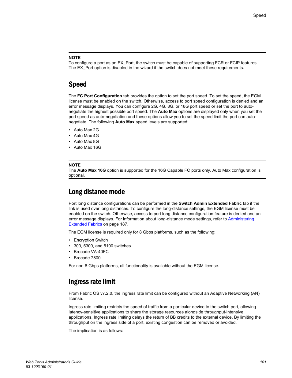 Speed, Long distance mode, Ingress rate limit | Speed long distance mode ingress rate limit | Brocade Web Tools Administrators Guide (Supporting Fabric OS v7.3.0) User Manual | Page 101 / 274