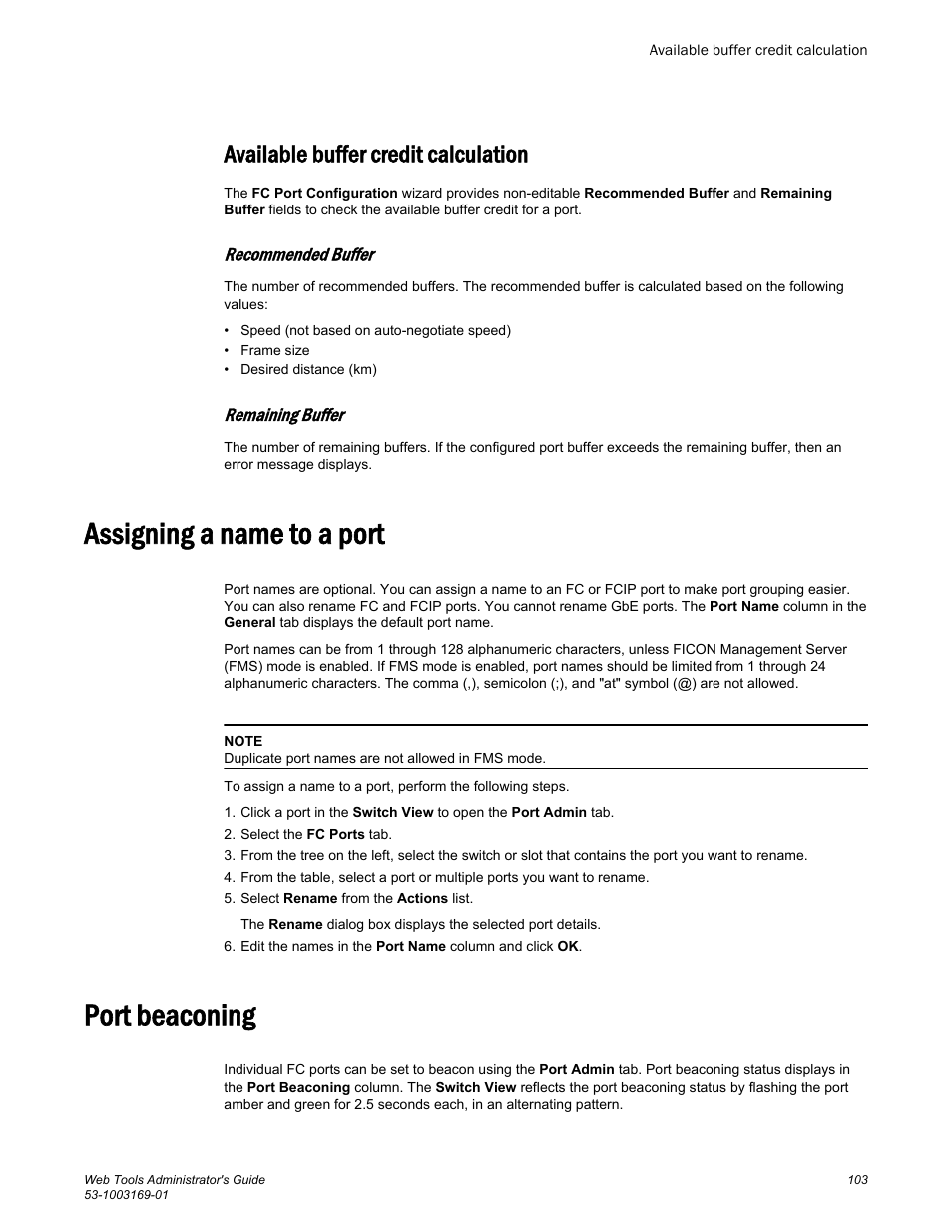 Available buffer credit calculation, Assigning a name to a port, Port beaconing | Assigning a name to a port port beaconing | Brocade Web Tools Administrators Guide (Supporting Fabric OS v7.3.0) User Manual | Page 103 / 274