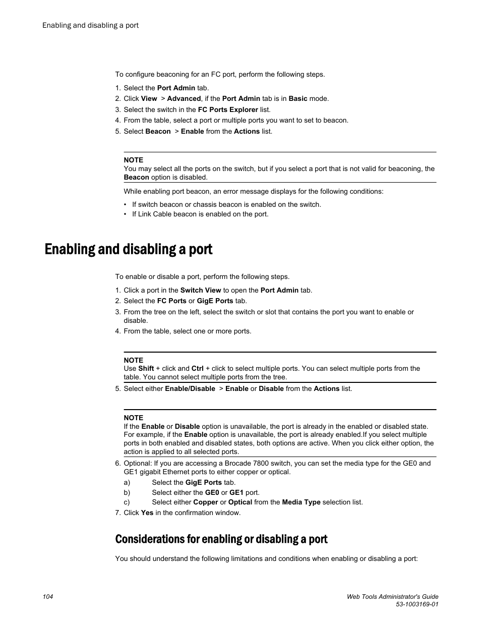 Enabling and disabling a port, Considerations for enabling or disabling a port | Brocade Web Tools Administrators Guide (Supporting Fabric OS v7.3.0) User Manual | Page 104 / 274