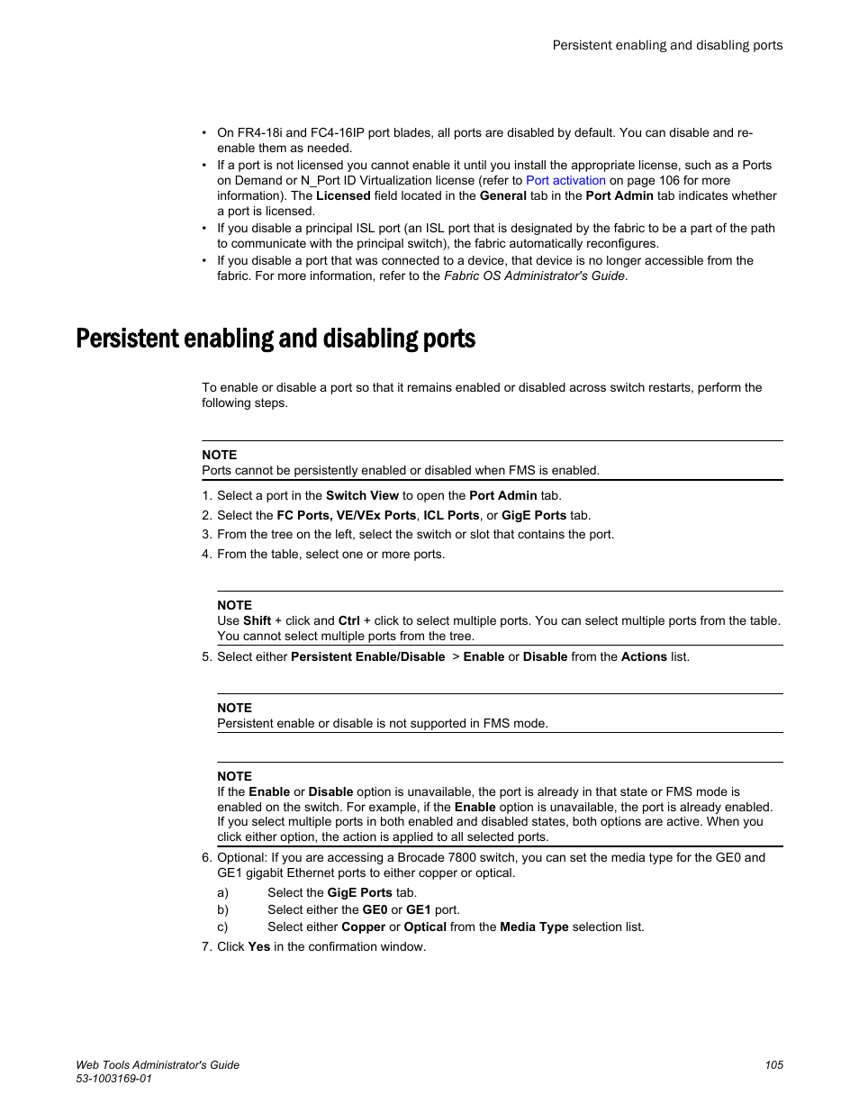 Persistent enabling and disabling ports | Brocade Web Tools Administrators Guide (Supporting Fabric OS v7.3.0) User Manual | Page 105 / 274