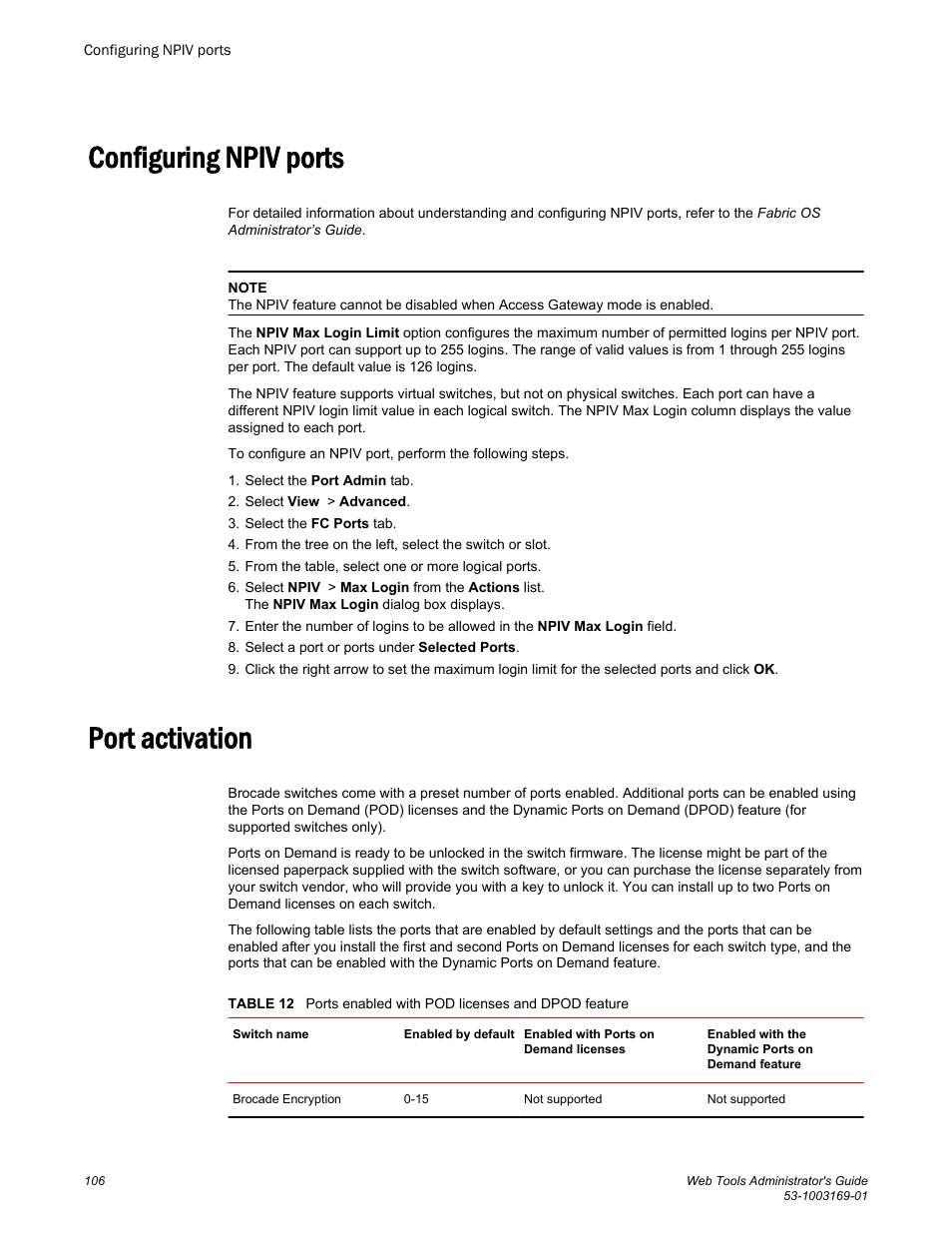 Configuring npiv ports, Port activation, Configuring npiv ports port activation | Brocade Web Tools Administrators Guide (Supporting Fabric OS v7.3.0) User Manual | Page 106 / 274