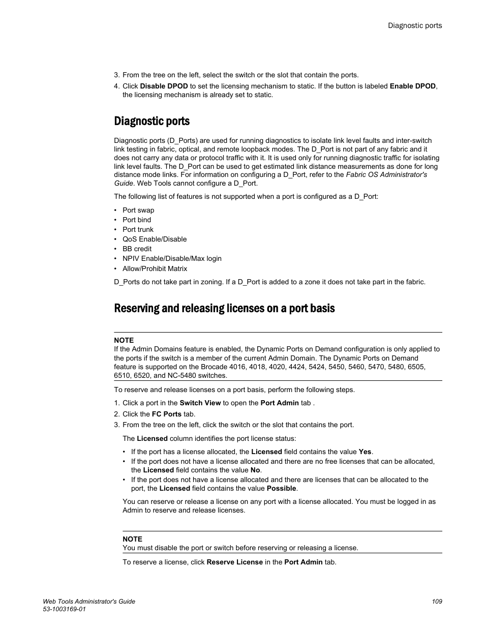 Diagnostic ports, Reserving and releasing licenses on a port basis | Brocade Web Tools Administrators Guide (Supporting Fabric OS v7.3.0) User Manual | Page 109 / 274