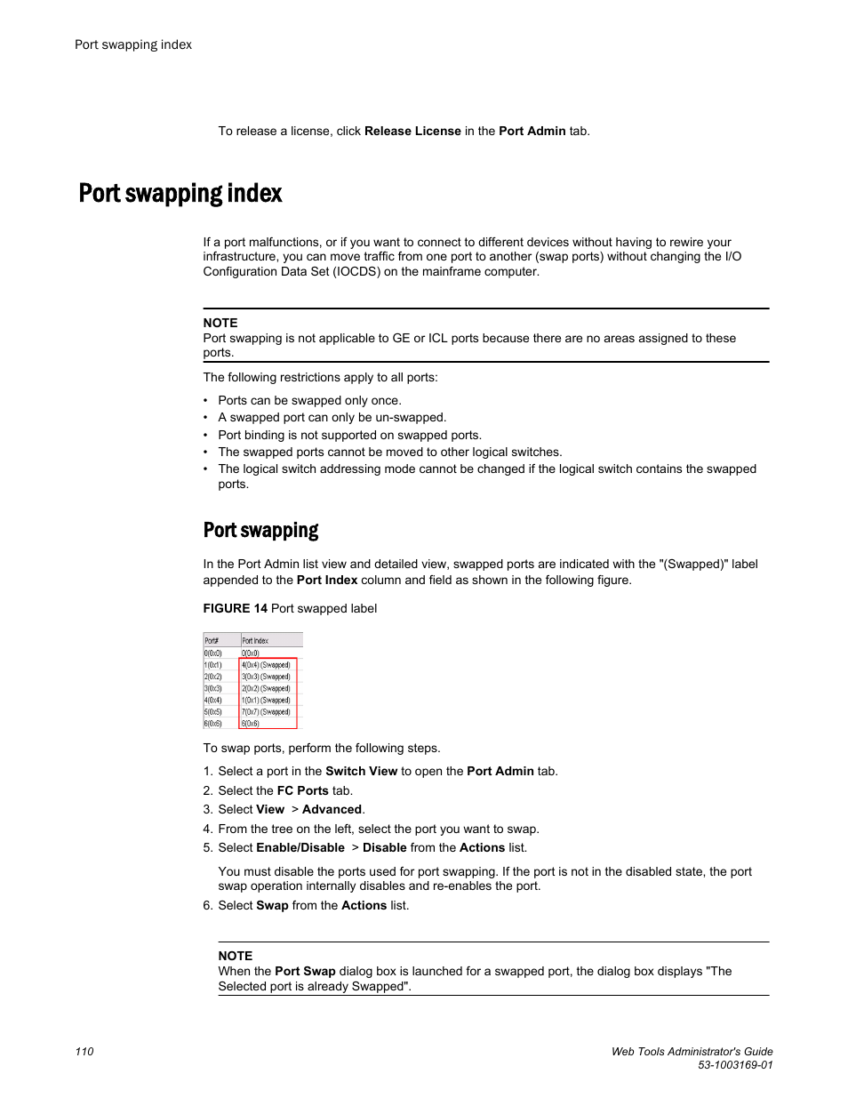 Port swapping index, Port swapping | Brocade Web Tools Administrators Guide (Supporting Fabric OS v7.3.0) User Manual | Page 110 / 274