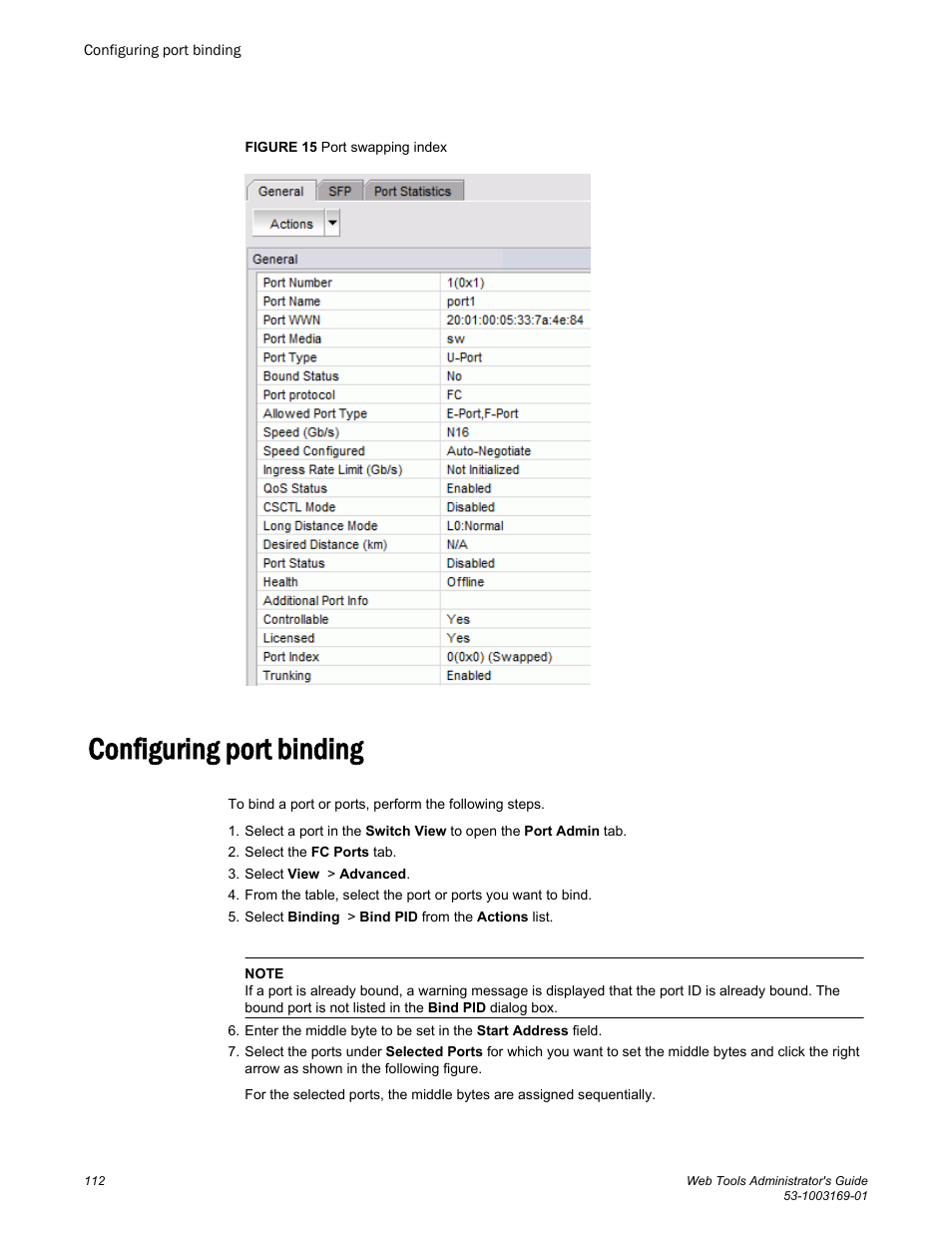 Configuring port binding | Brocade Web Tools Administrators Guide (Supporting Fabric OS v7.3.0) User Manual | Page 112 / 274