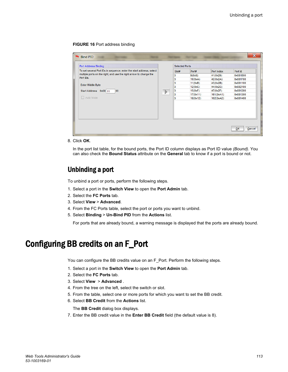 Unbinding a port, Configuring bb credits on an f_port | Brocade Web Tools Administrators Guide (Supporting Fabric OS v7.3.0) User Manual | Page 113 / 274