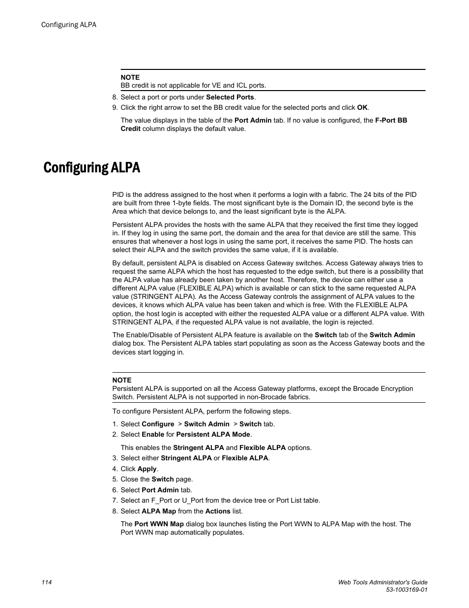 Configuring alpa | Brocade Web Tools Administrators Guide (Supporting Fabric OS v7.3.0) User Manual | Page 114 / 274