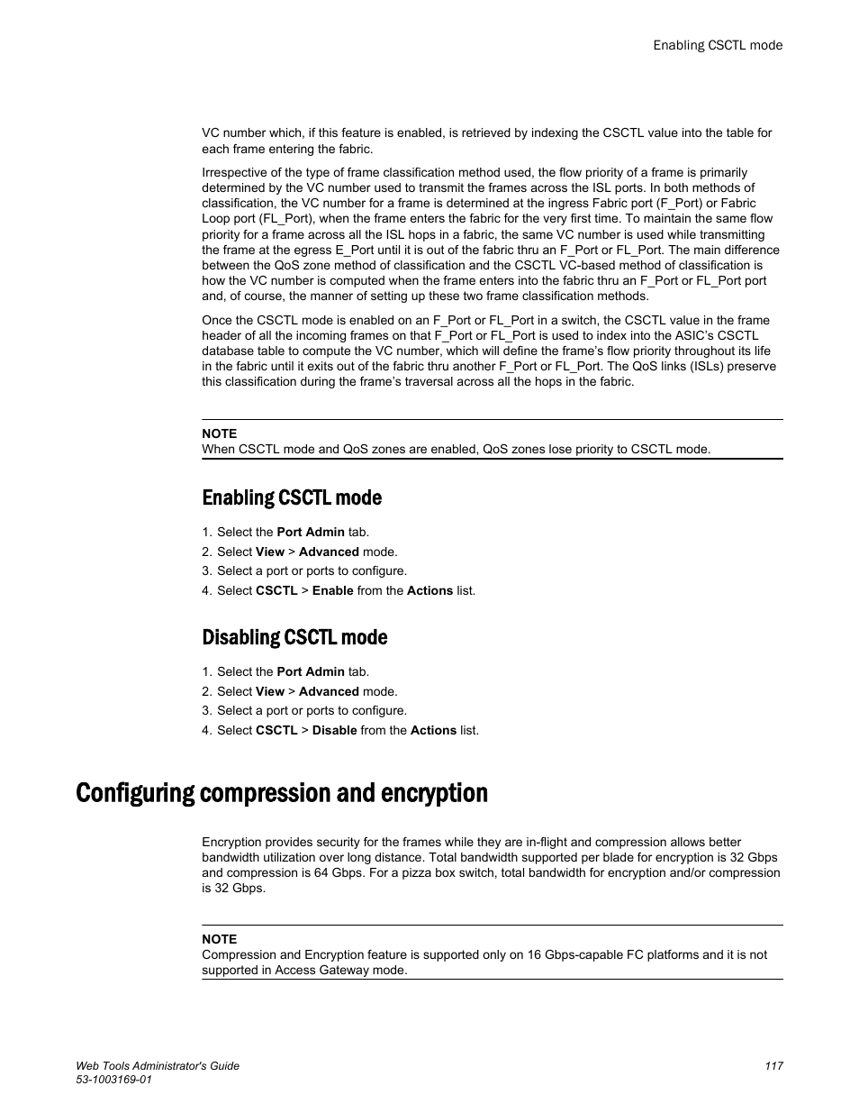 Enabling csctl mode, Disabling csctl mode, Configuring compression and encryption | Enabling csctl mode disabling csctl mode | Brocade Web Tools Administrators Guide (Supporting Fabric OS v7.3.0) User Manual | Page 117 / 274