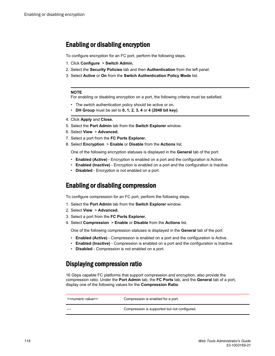 Enabling or disabling encryption, Enabling or disabling compression, Displaying compression ratio | Brocade Web Tools Administrators Guide (Supporting Fabric OS v7.3.0) User Manual | Page 118 / 274