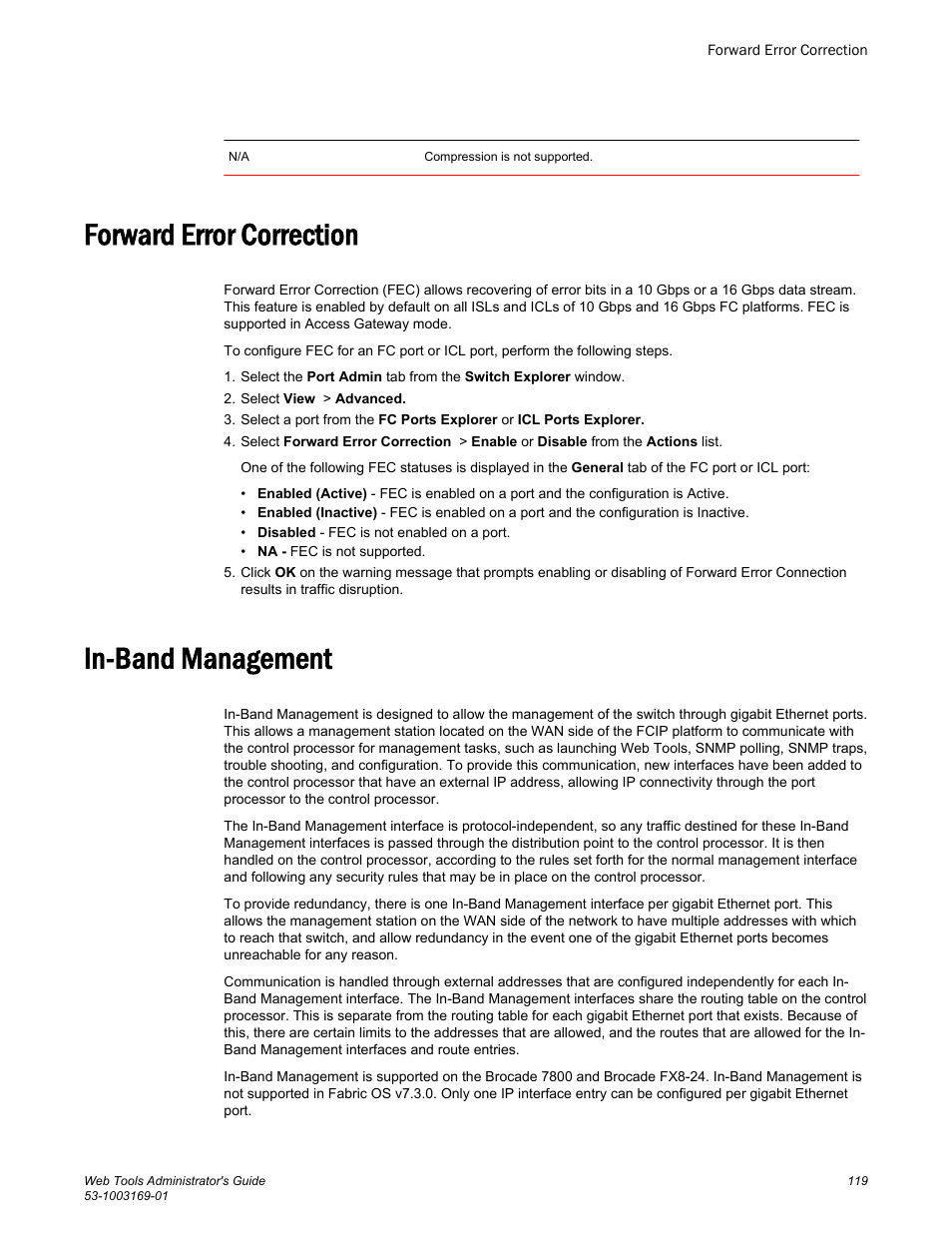 Forward error correction, In-band management, Forward error correction in-band management | Brocade Web Tools Administrators Guide (Supporting Fabric OS v7.3.0) User Manual | Page 119 / 274